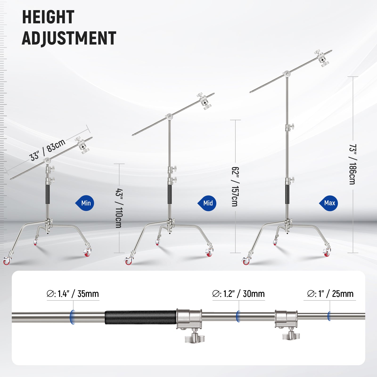 Height Adjustment Range of the NEEWER SC186W Portable Light Stand