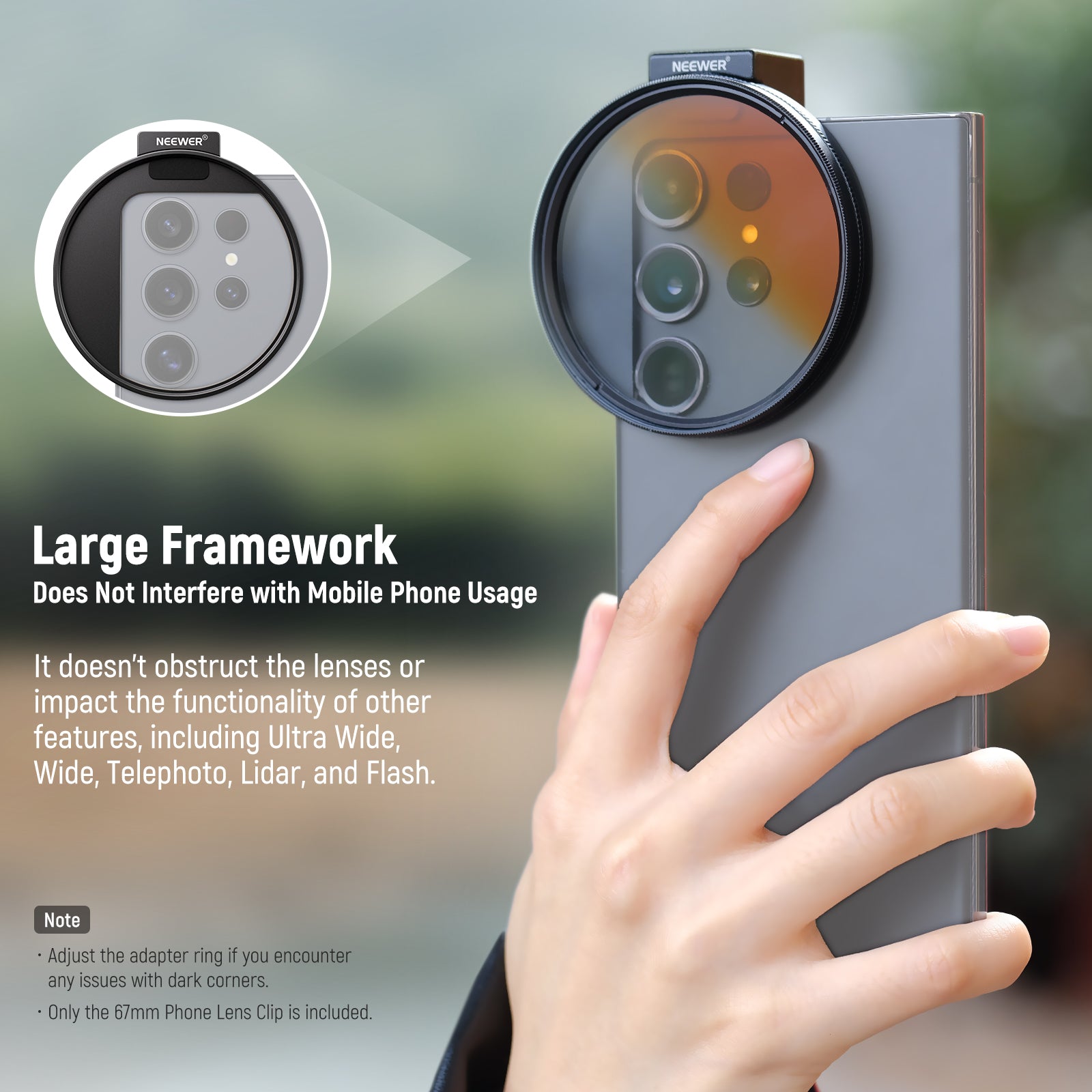 NEEWER LA006 67mm Phone Filter Mount features a large and durable frame.