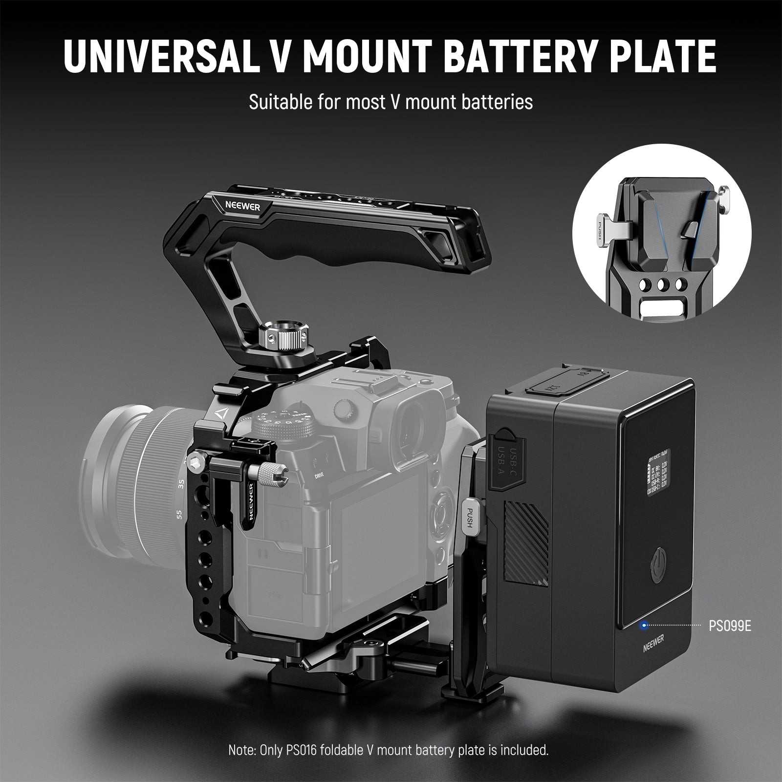 This modular V mount battery plate features a cold shoe with spring anti off pins