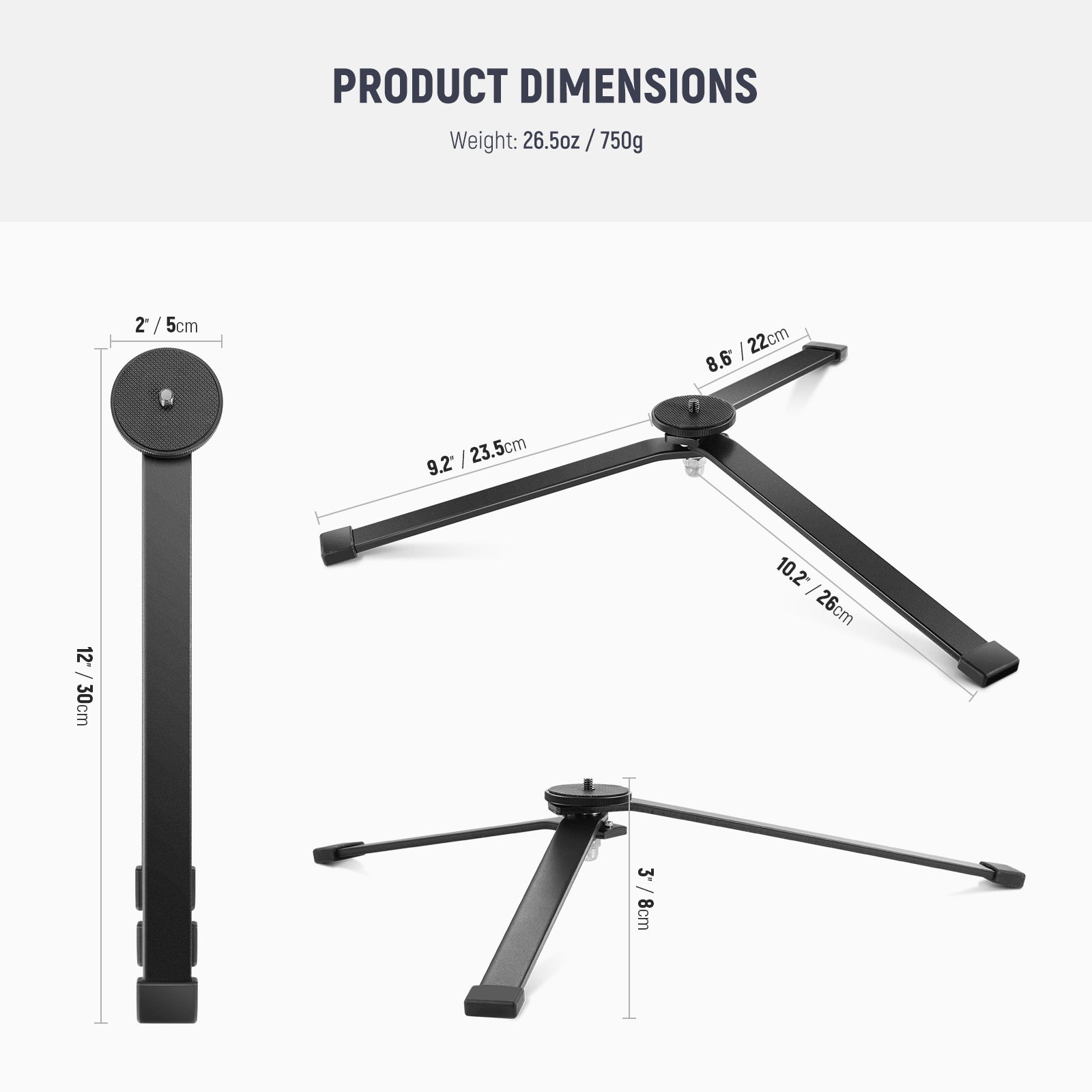 Product dimensions of the NEEWER CTN5 Metal Mini Tripod Base
