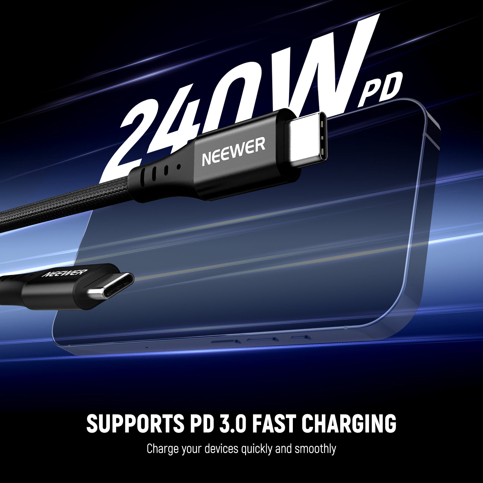 NEEWER PS009 8" USB C to USB C Cable supports PD 3.0 fast charging.