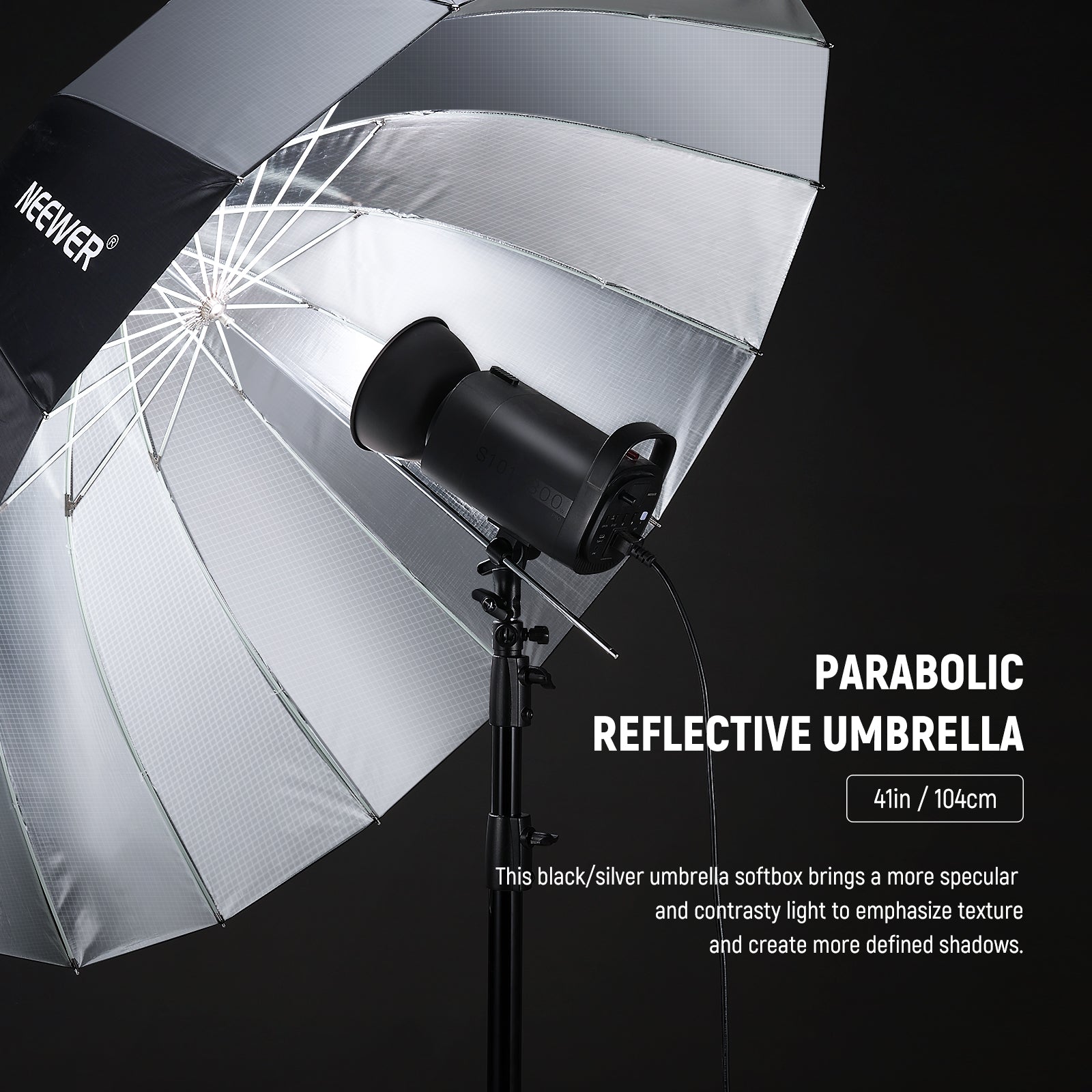 NEEWER NS1U Parabolic Black/Silver Reflective Umbrella brings a more specular light.