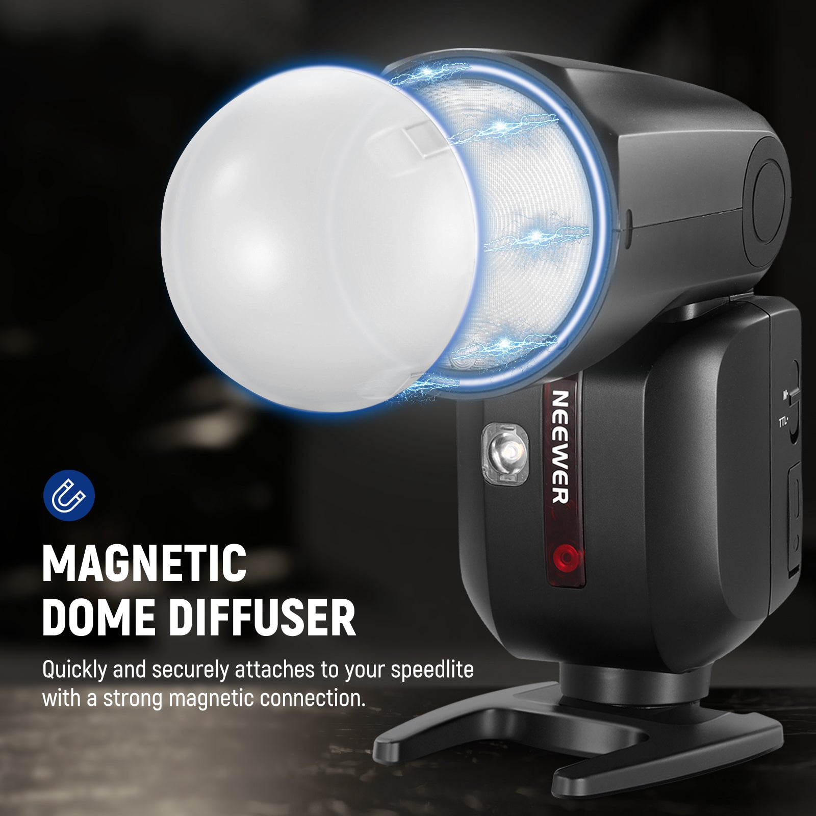 The 76Ws speedlight features a circular Fresnel flash head, aided by the included magnetic dome diffuser