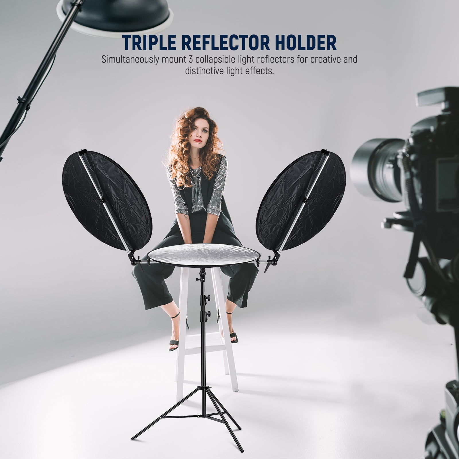 NEEWER Triple Reflector Holder simultaneously mounts 3 light reflecors.