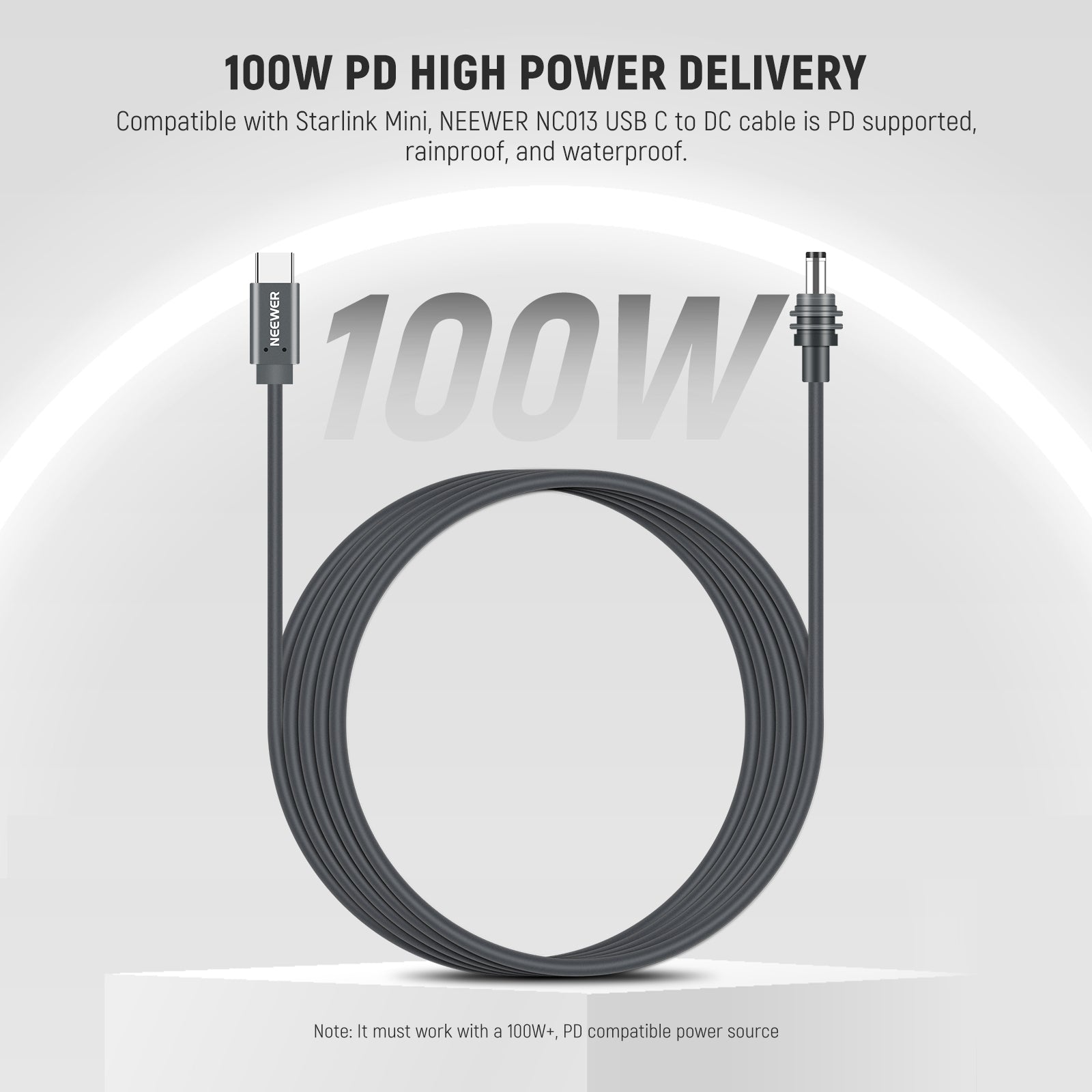 NEEWER NC013 100W PD USB C to DC Power Cable delivers up to 100W power output.
