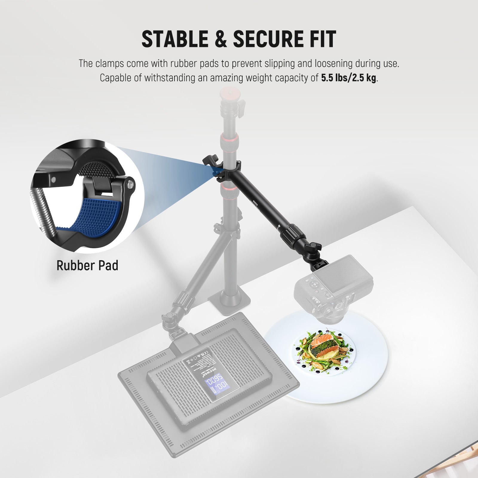 NEEWER DS008 Overhead Camera Mount Arm comes with rubber pads.