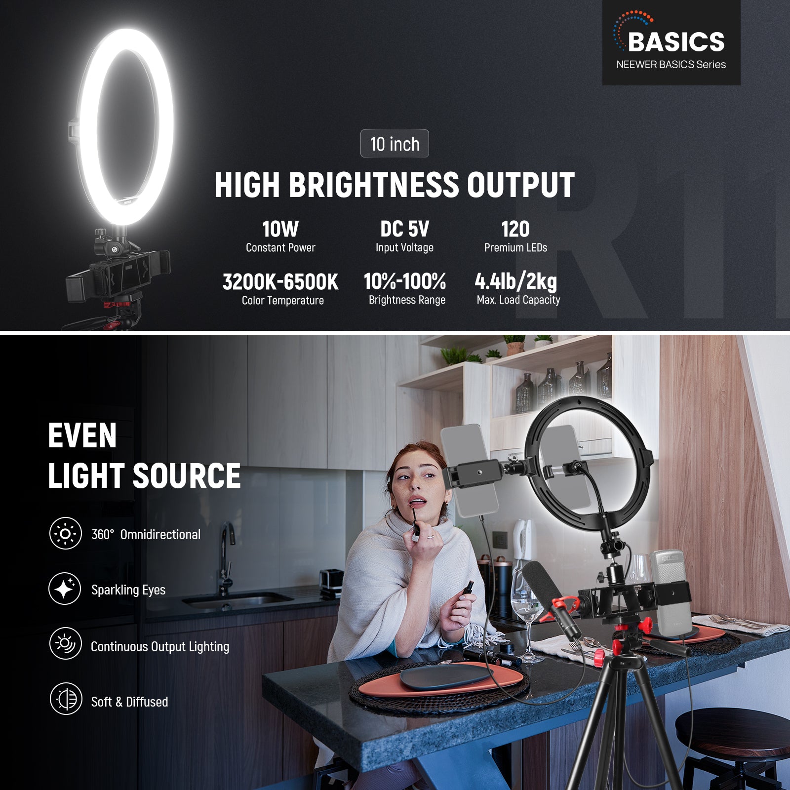 NEEWER R11 10" Ring Light provides adjustable photography and videography continuous lighting