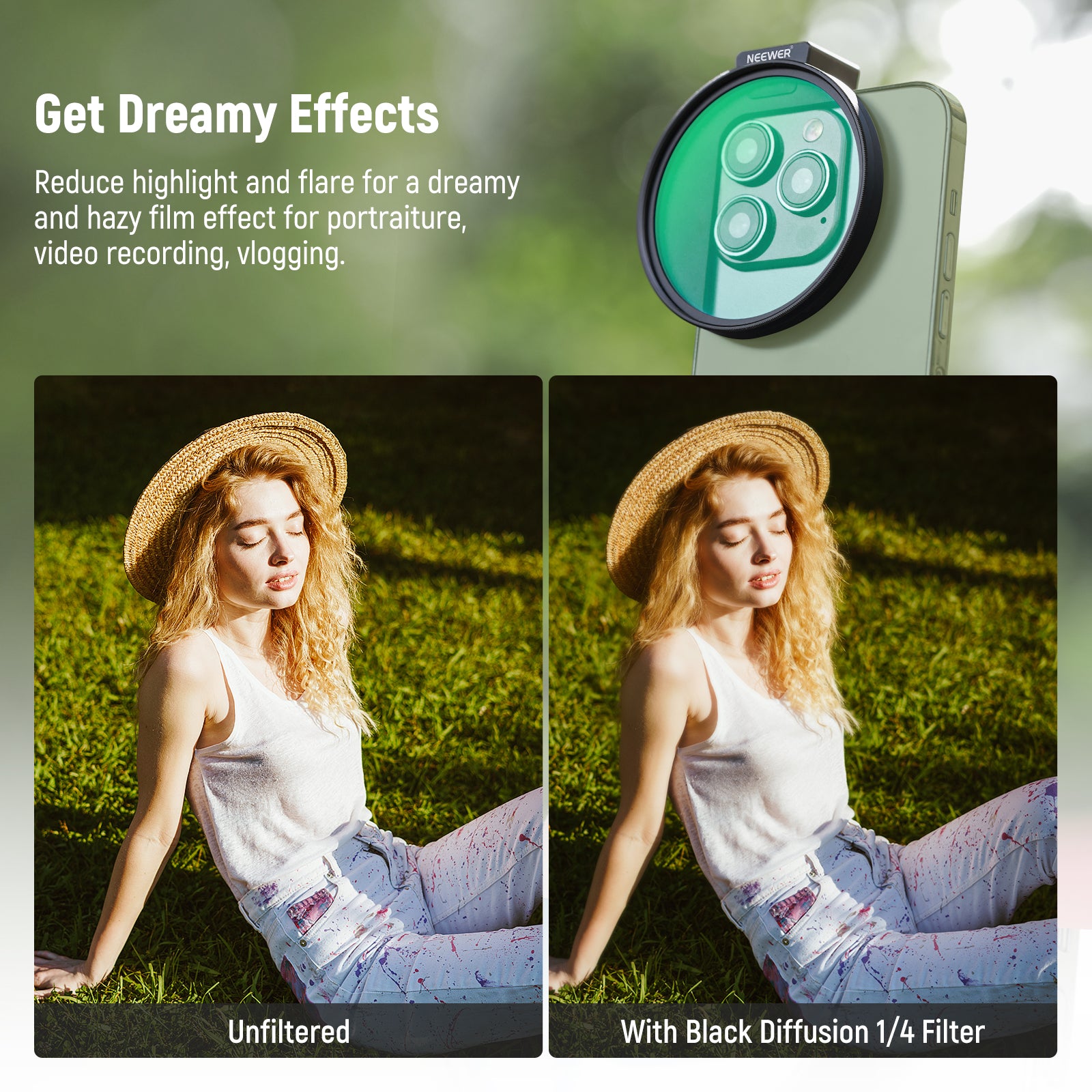 NEEWER FL-88 67mm 1/4 Black Diffusion Filter creates dreamy effects.