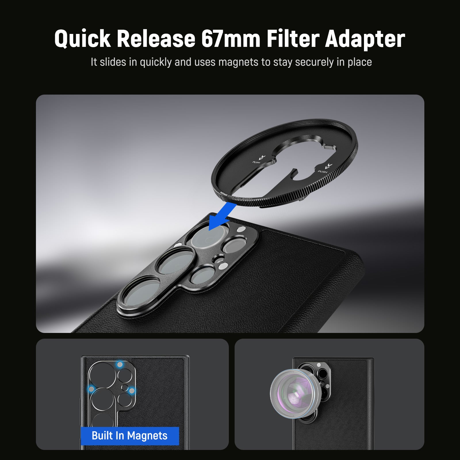 A 67mm filter adapter mounts any 67mm filter