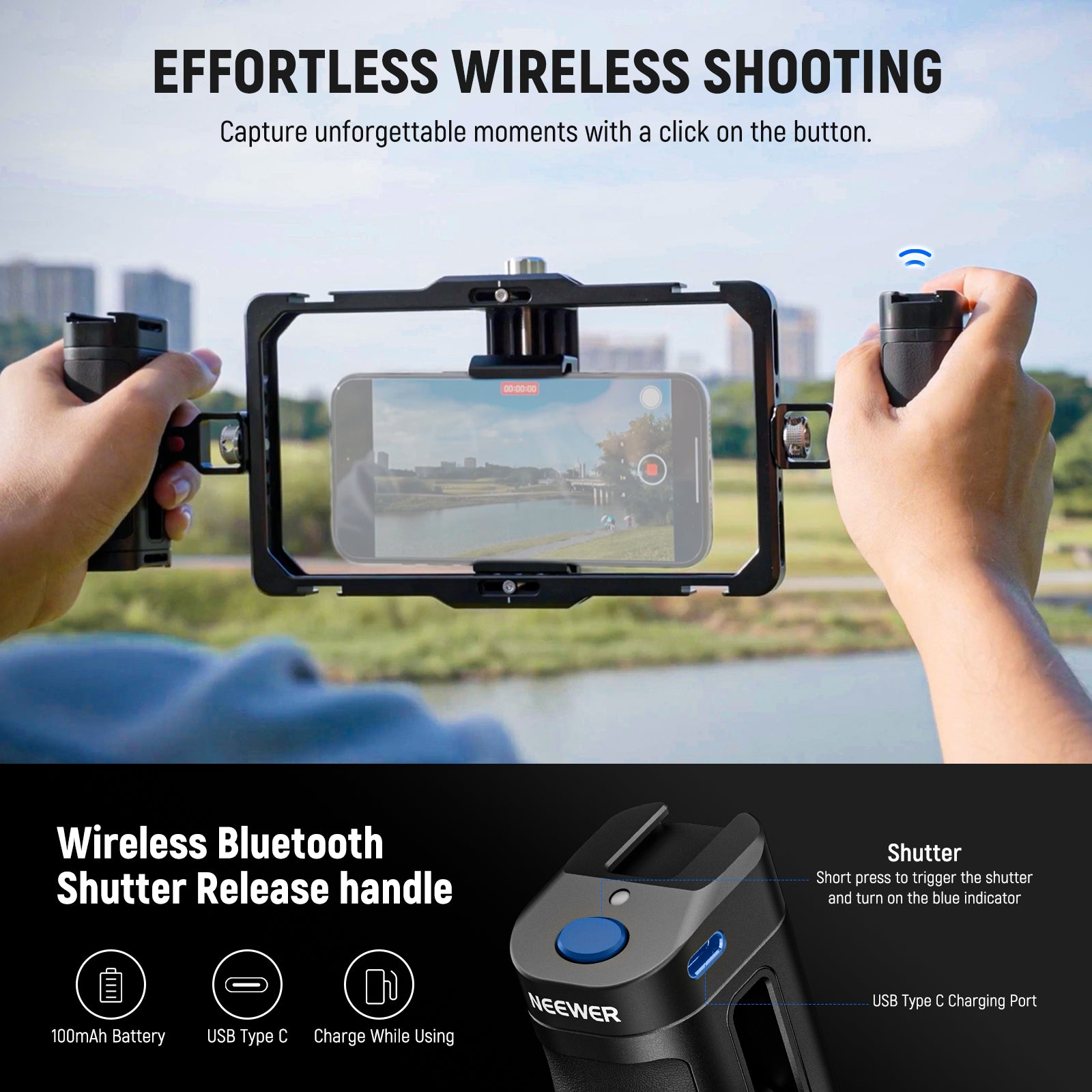 NEEWER PA009E Universal Phone Cage Video Rig supports effortless wireless shooting.