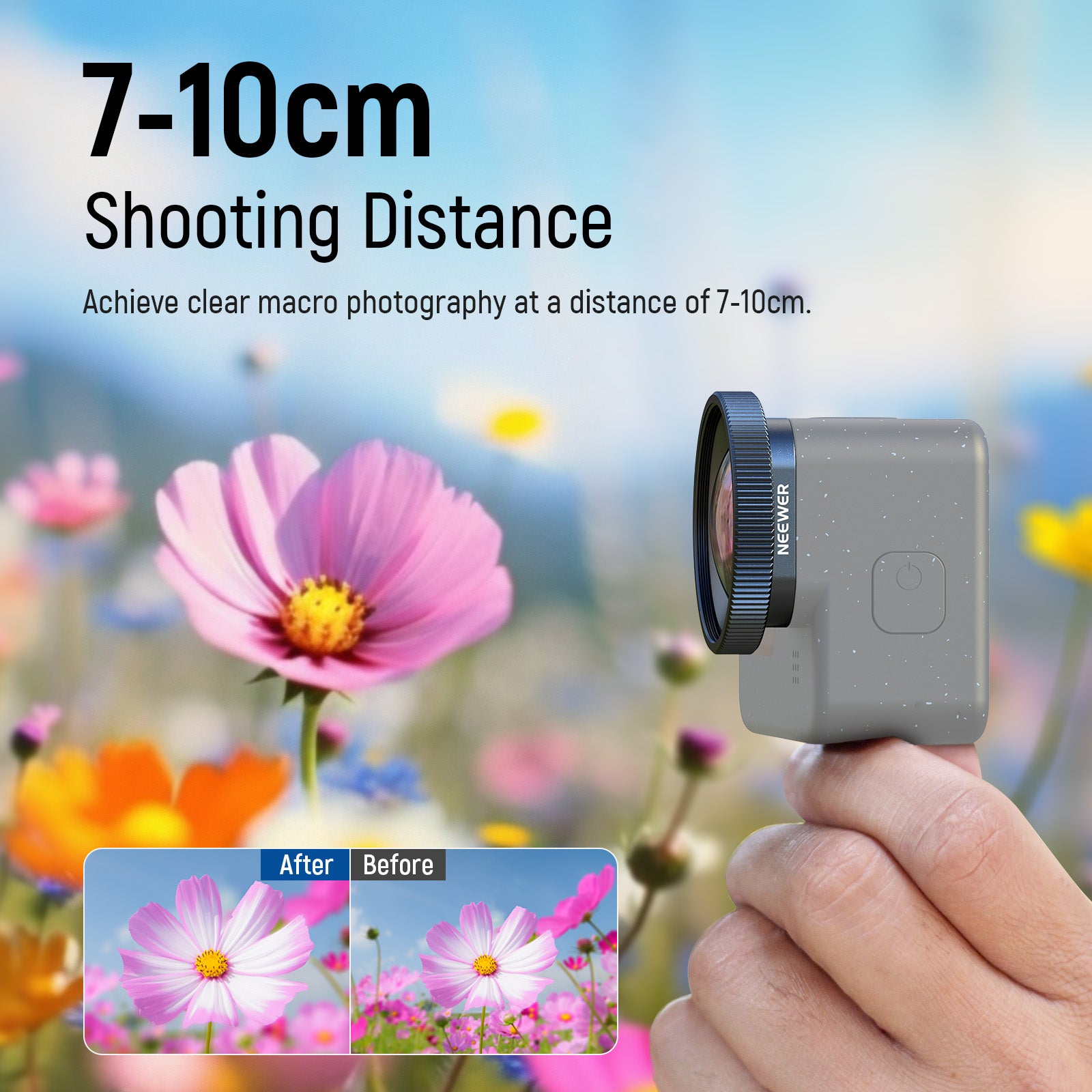NEEWER LS-65 2X Magnification Lens achieves clear macro photography at a distance of 7-10cm.