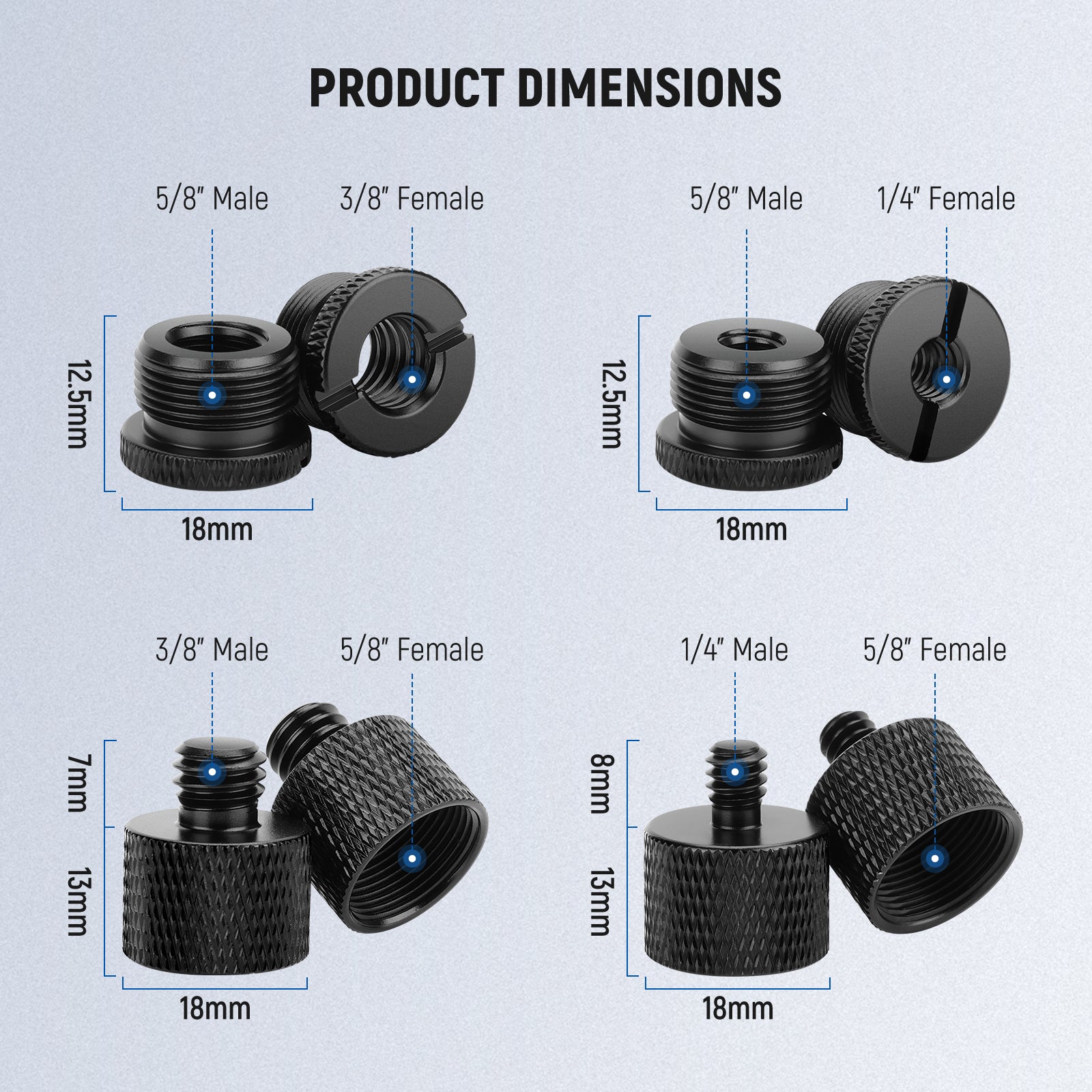 Product dimensions of the NEEWER HW-43 8 Packs Mic Stand Adapter
