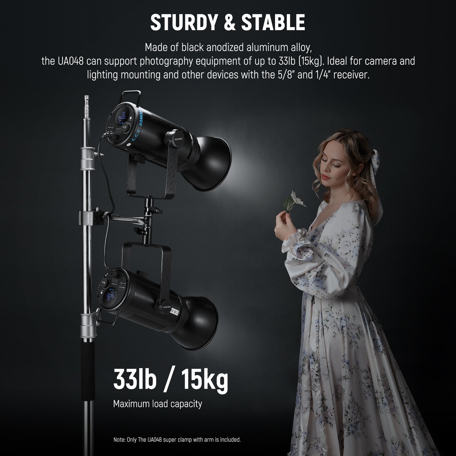 NEEWER UA048 Super Clamp is made of black anodized aluminum alloy.