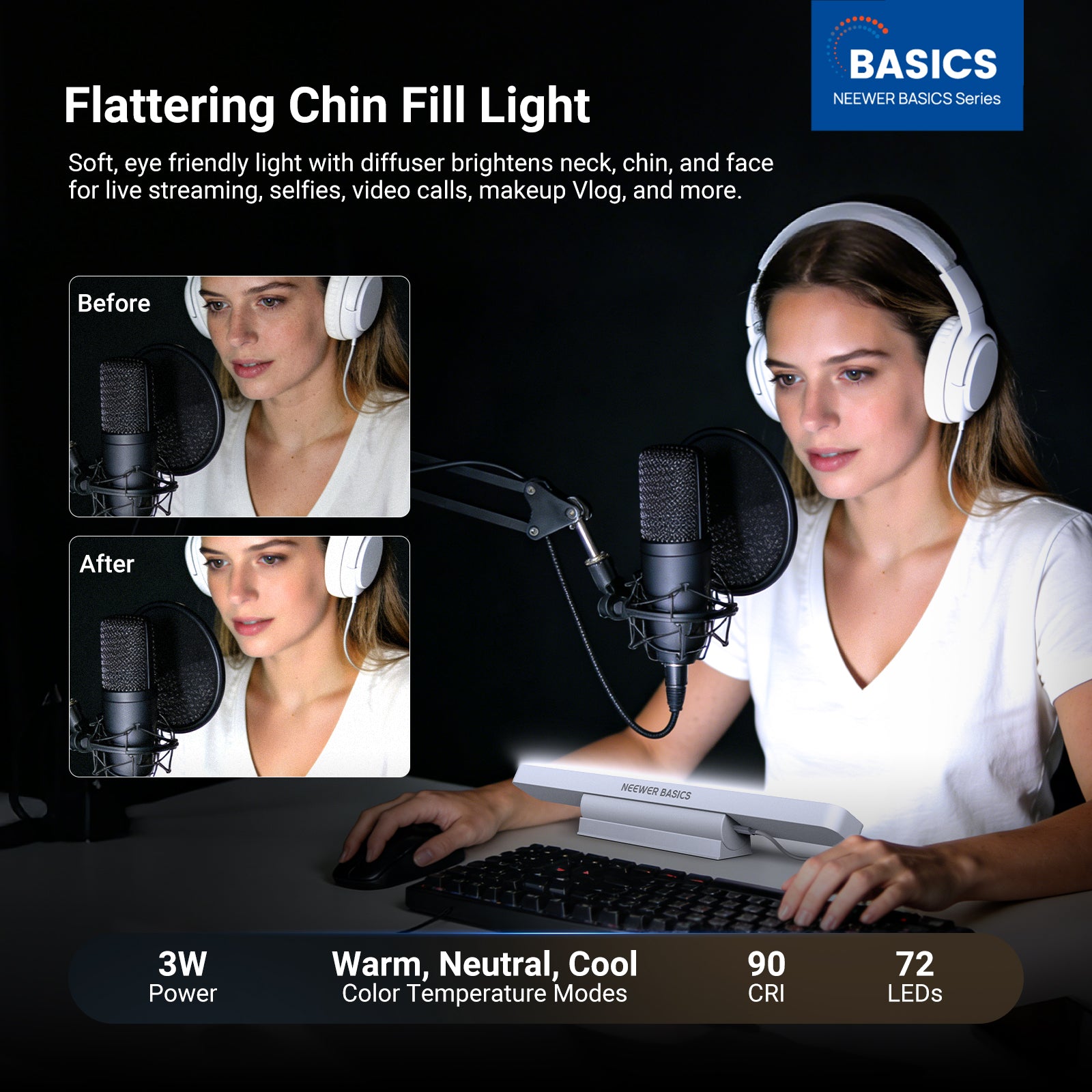 The NEEWER TL106B LED Chin Fill Light being used by a streamer, with a clear "Before/After" comparison demonstrating how the light eliminates shadows and creates soft, even illumination on the face.