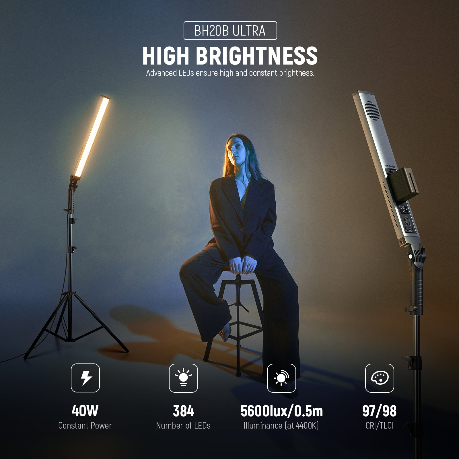 Product overviews of the NEEWER BH20B Ultra Upgraded 40W Handheld LED Video Light Stick