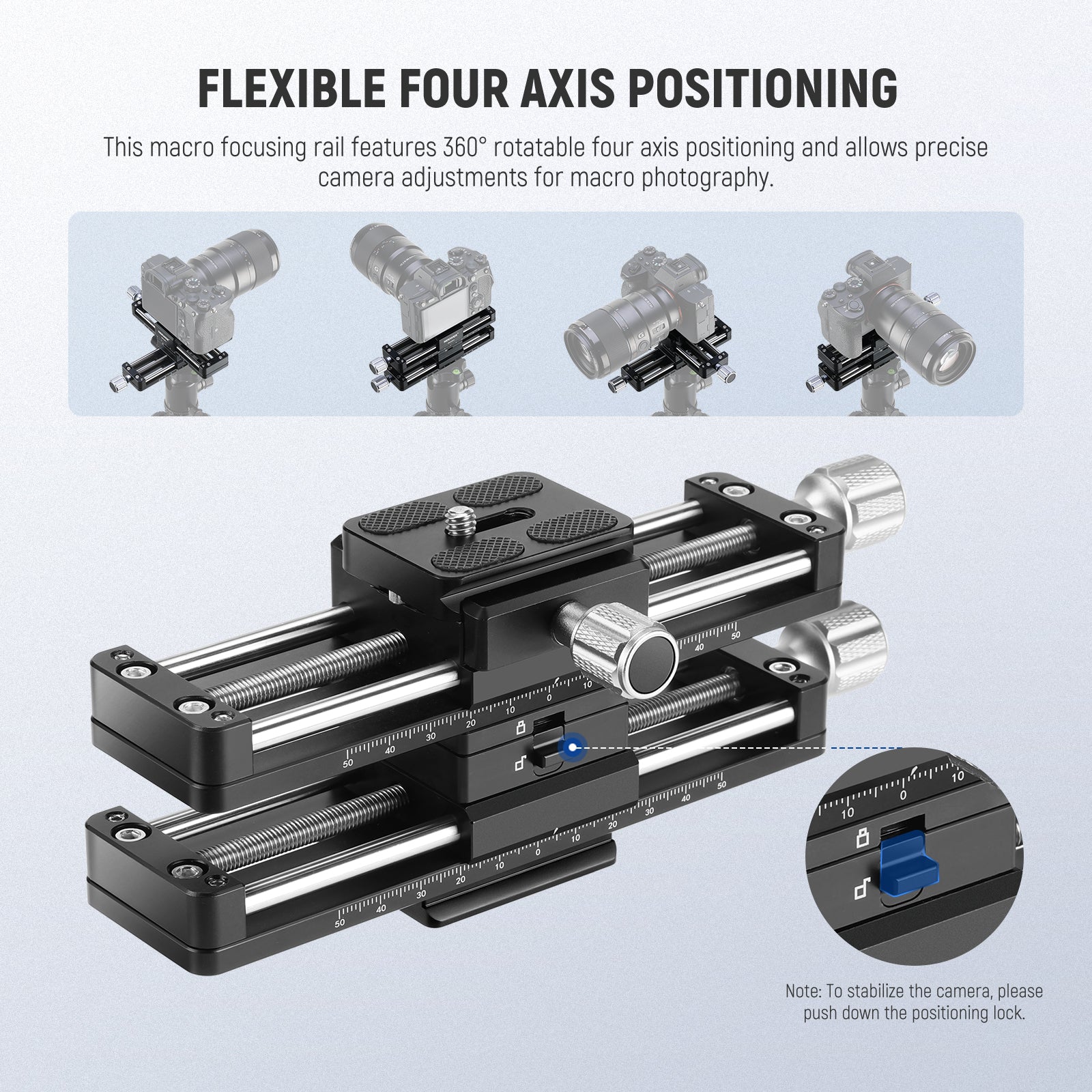 NEEWER GM-MP3 Macro Focusing Rail features 360° rotatable four axis positioning.
