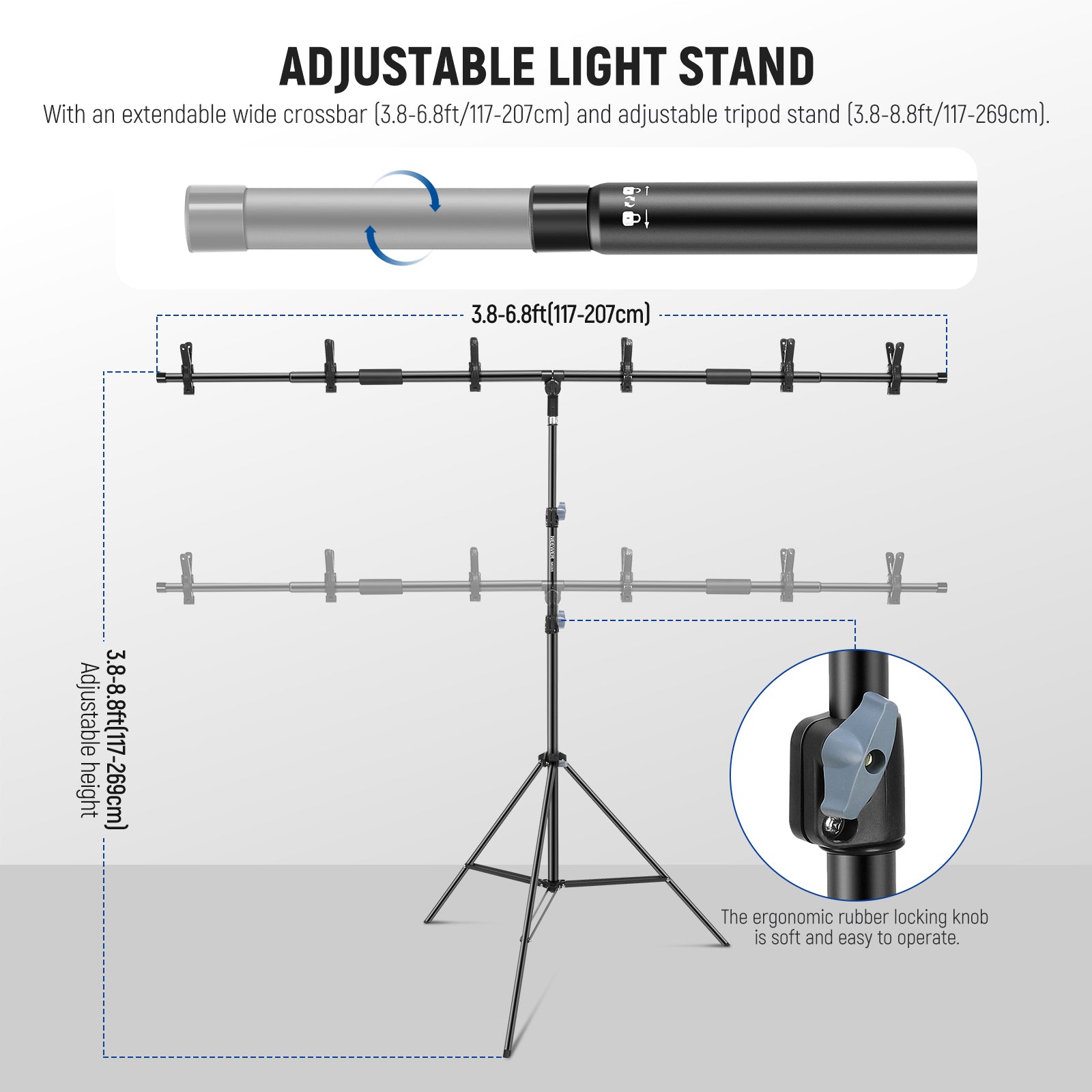 NEEWER NK005 6.8x8.8ft Integrated T Shape Backdrop Stand is easy to adjust.