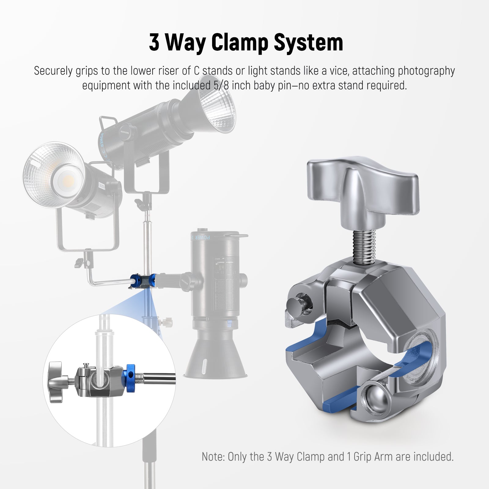 The NEEWER 3 Way Clamp securely grips the lower riser of a C stand and light stand like a vice.