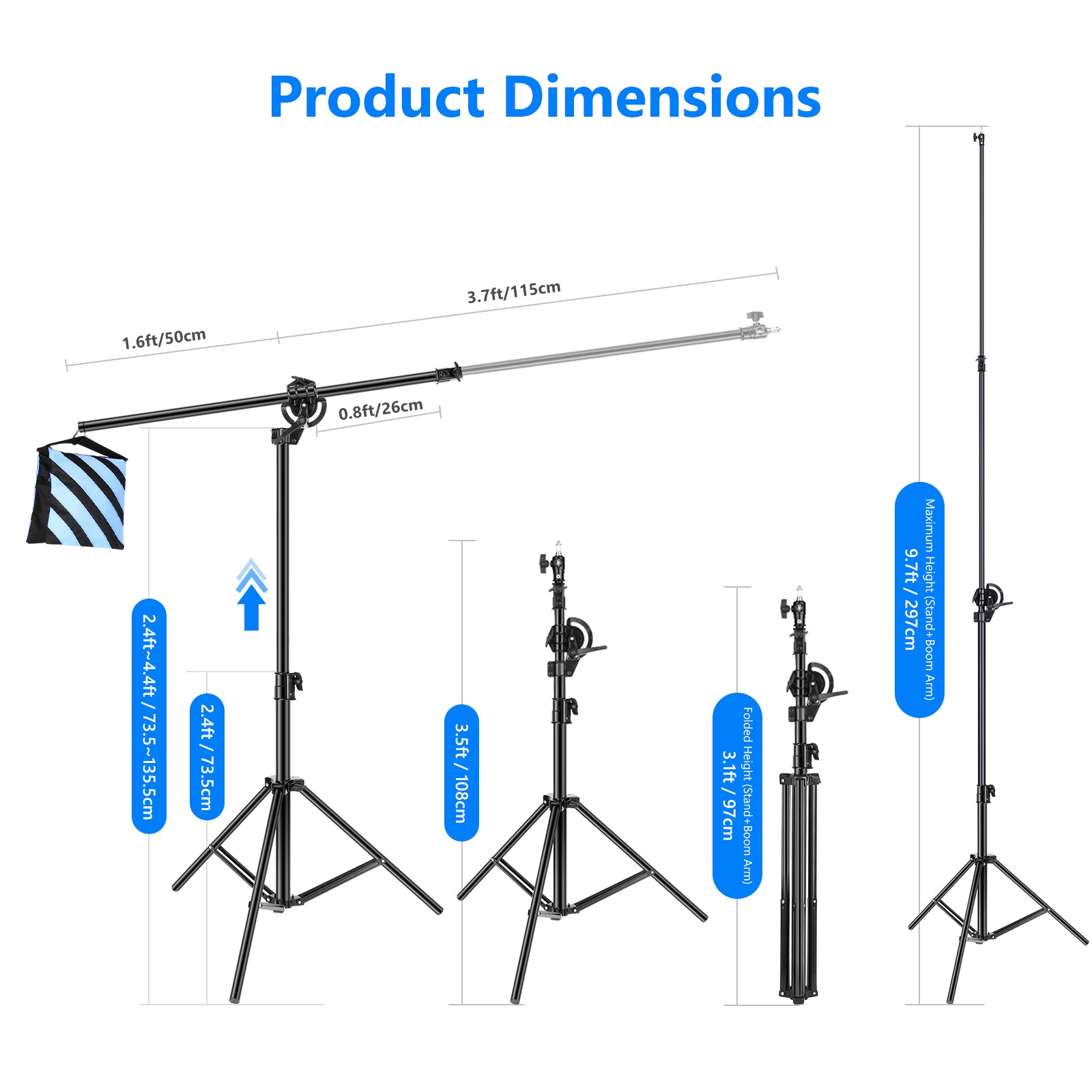 Product dimensions of the NEEWER 297cm Outdoor Light Stand