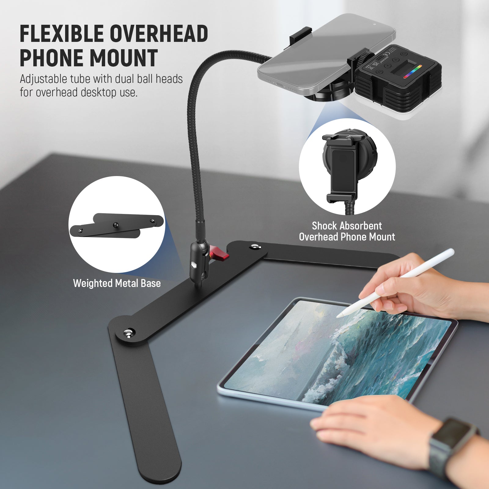 The overhead phone tripod features an exclusive shock absorption design