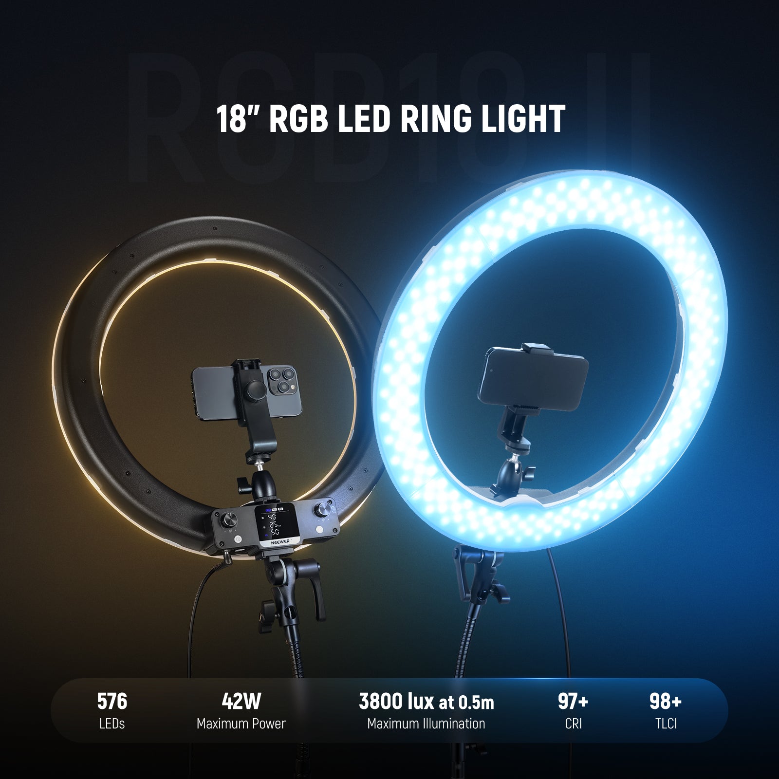NEEWER RGB18 II Large Ring Light features 576 LEDs.