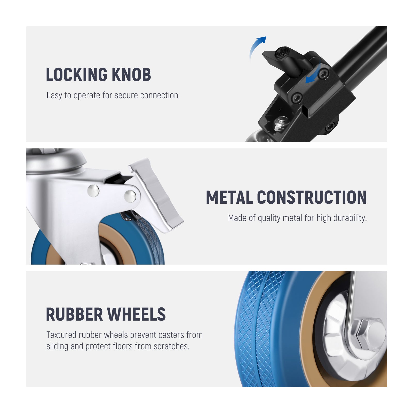 With a locking knob, the caster can firmly attach to a light stand with ø9"/22mm legs.