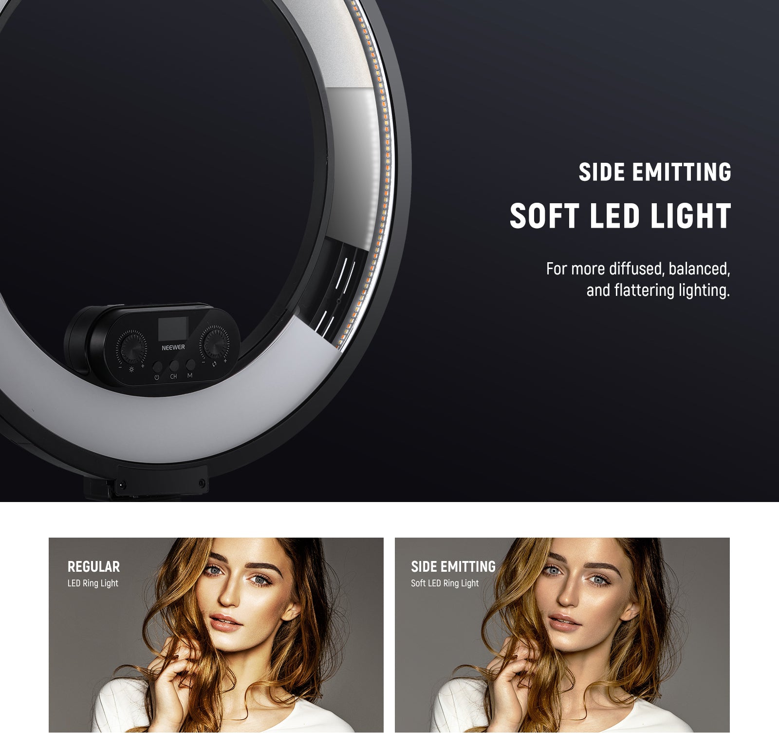 RL45B is an edge lit LED ring light with a slim and stylish design.