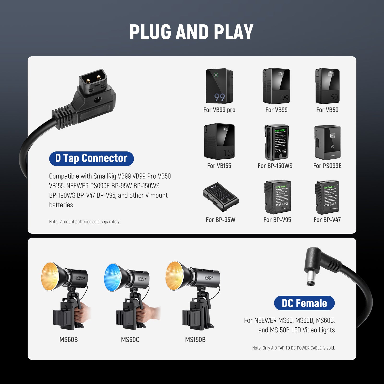 NEEWER NC010 D-Tap to DC Cable is compatible with MS Series Continuous lights.