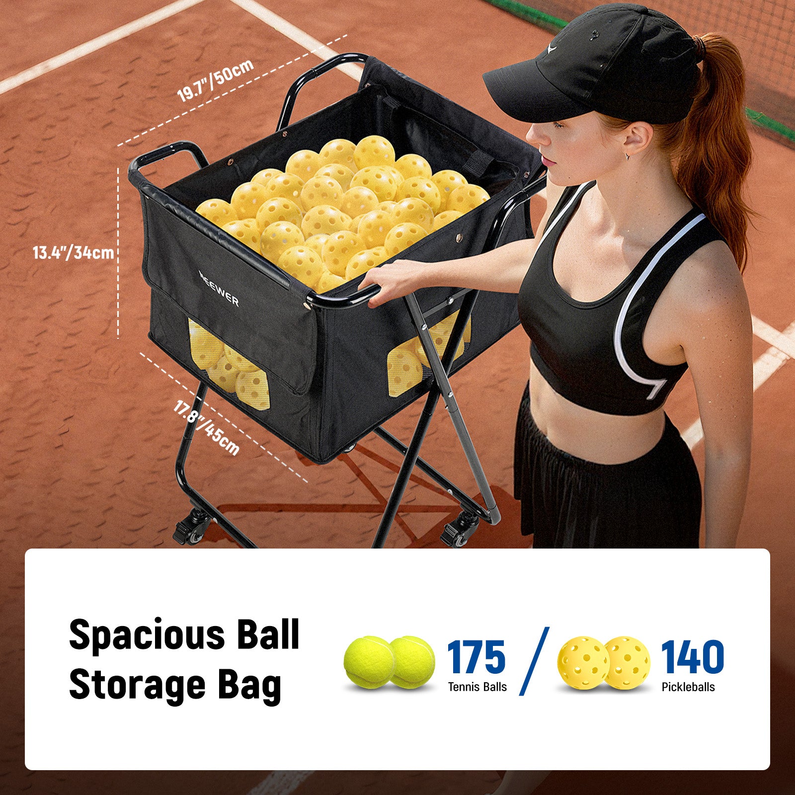 The girl placed her hand on the NEEWER PB01X Tennis Ball Hopper, which was filled with pickleballs.