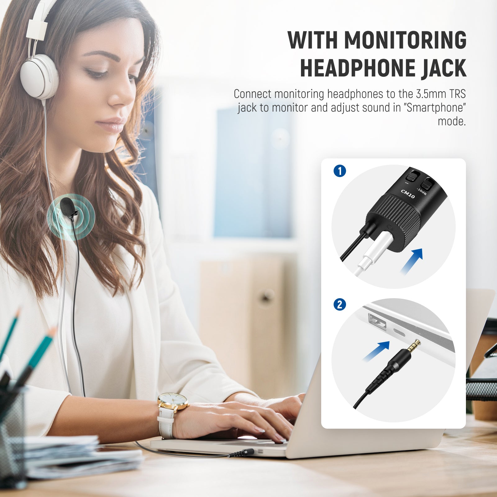 connect a pair of monitoring headphones to the 3.5mm TRS jack to monitor and adjust sound in replay