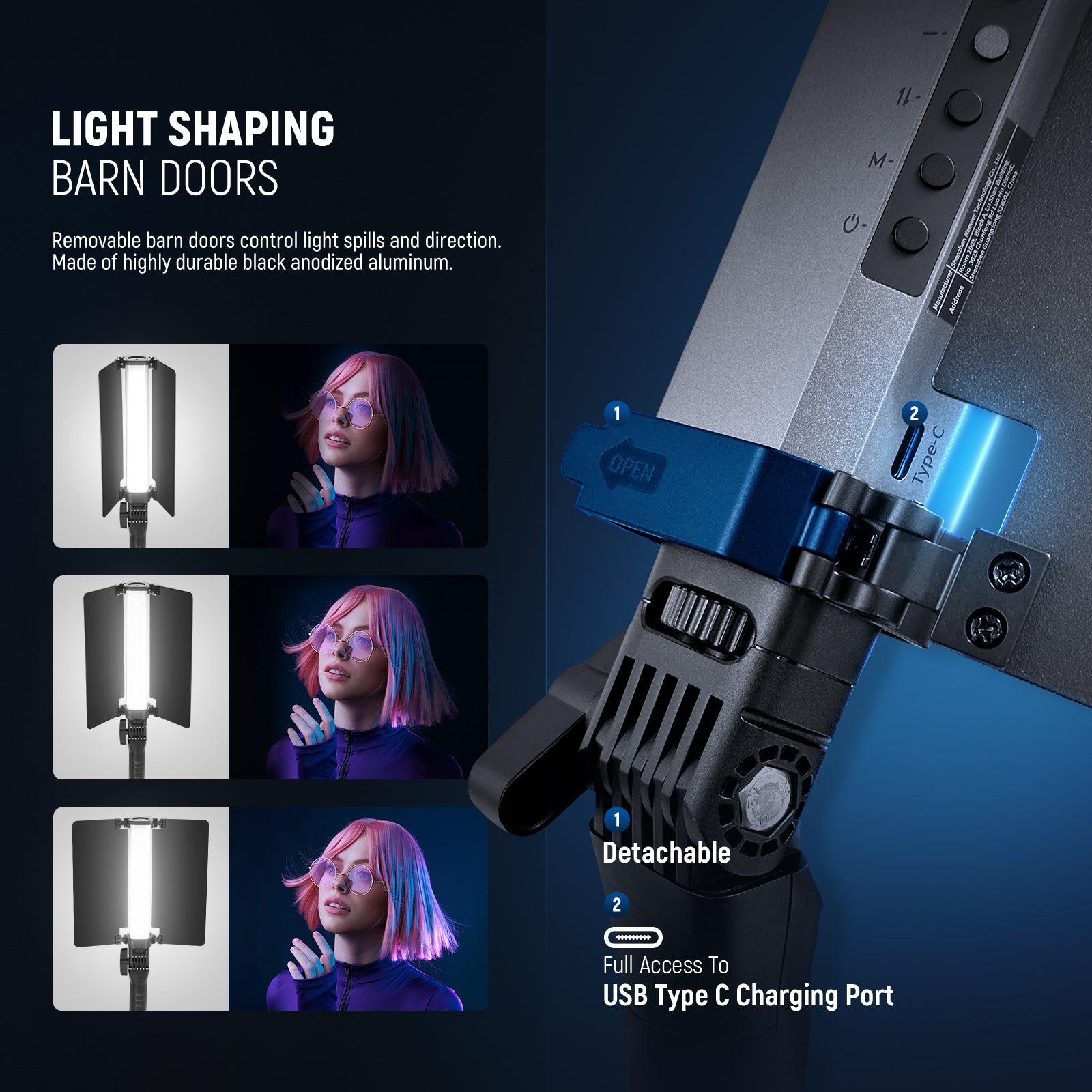 Attach the metal barndoor to the light tube to control light spill and shadow effects.