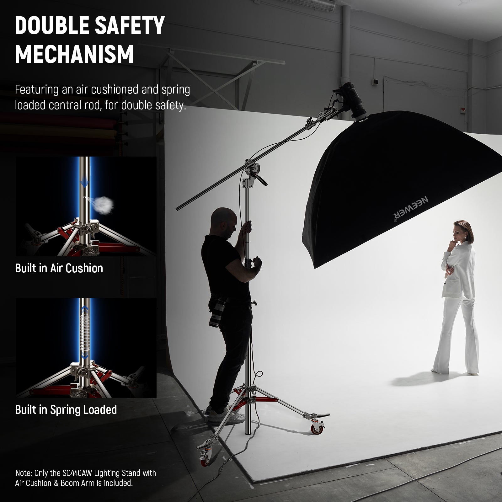 NEEWER SC440AW 14.4ft C Stand on Wheels features an air cushioned and spring loaded central rod.