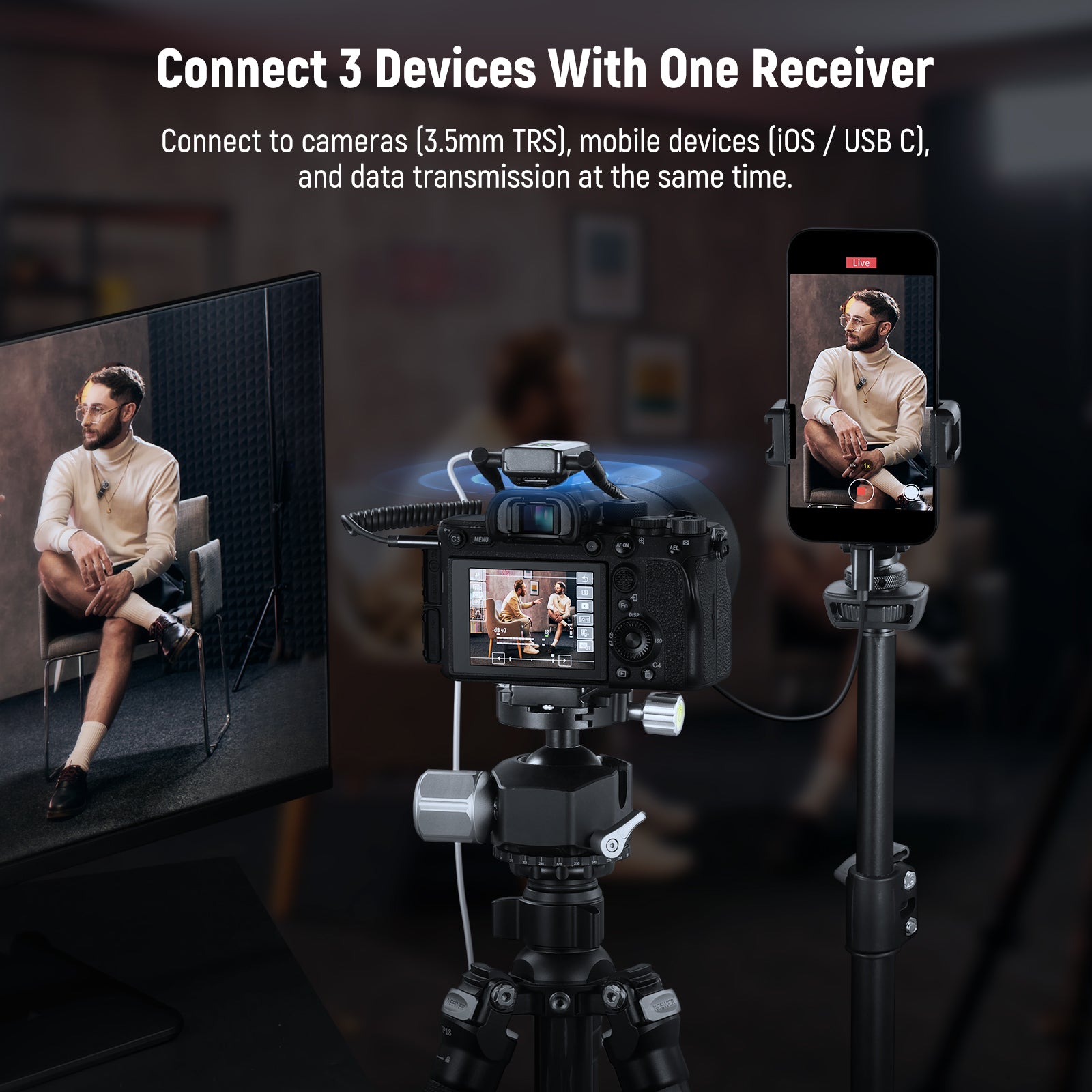 NEEWER CM28 Max Wireless Lavalier Microphone System can connect 3 devices at the same time.