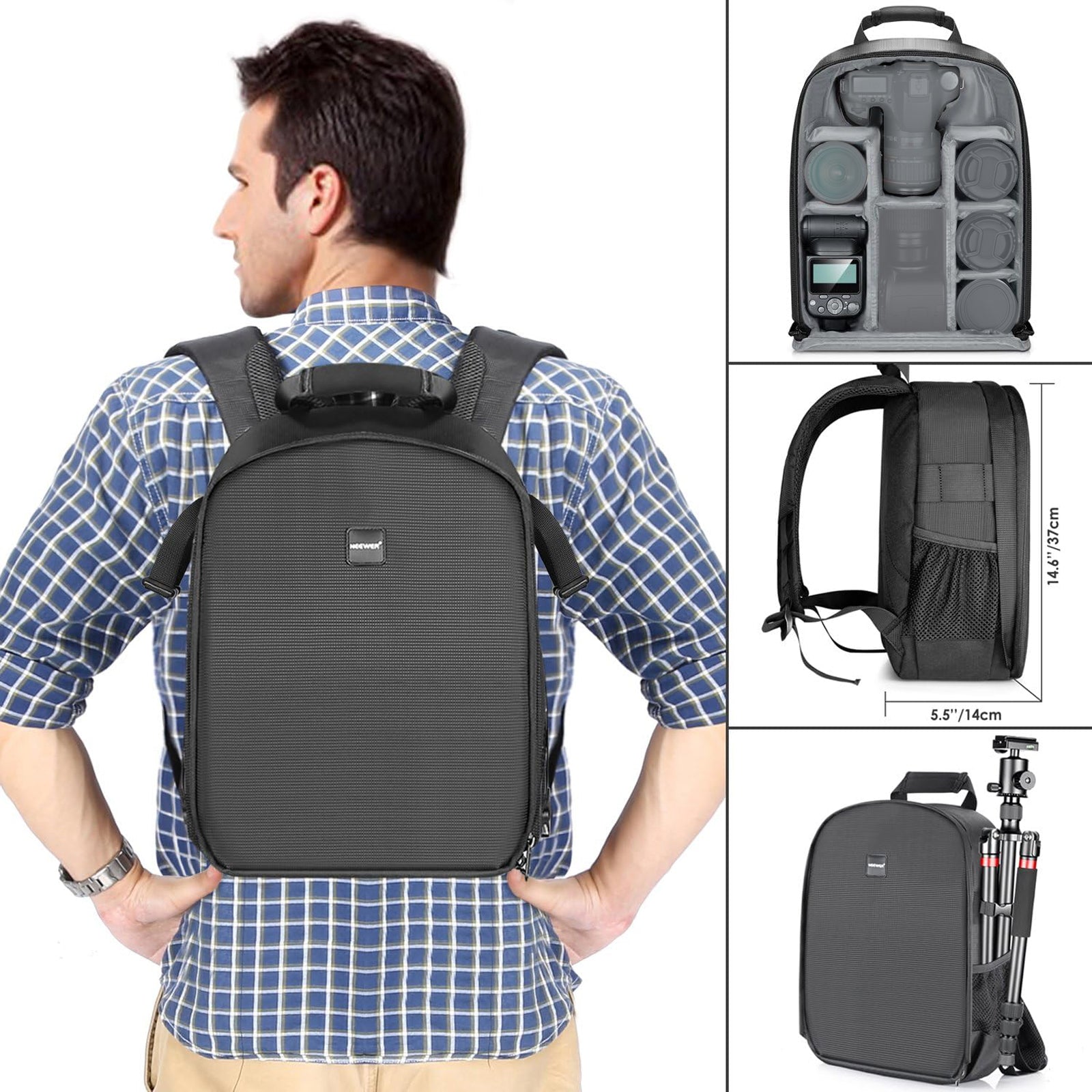 NEEWER SLR Camera Backpack can be constructed into 6 small partitions to house contents.