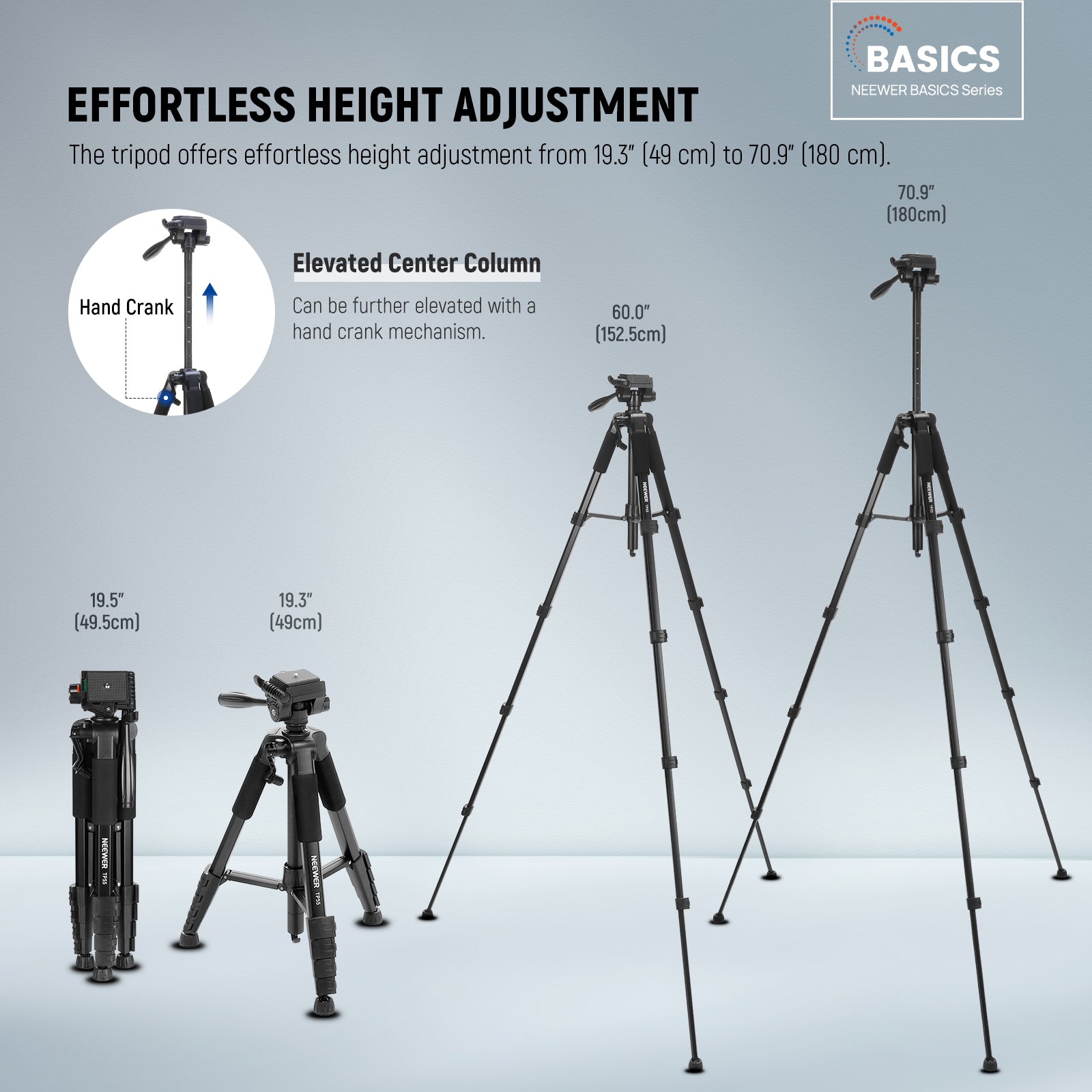 NEEWER TP55 Camera Tripod offers effortless height adjustment from 49cm to 180cm.