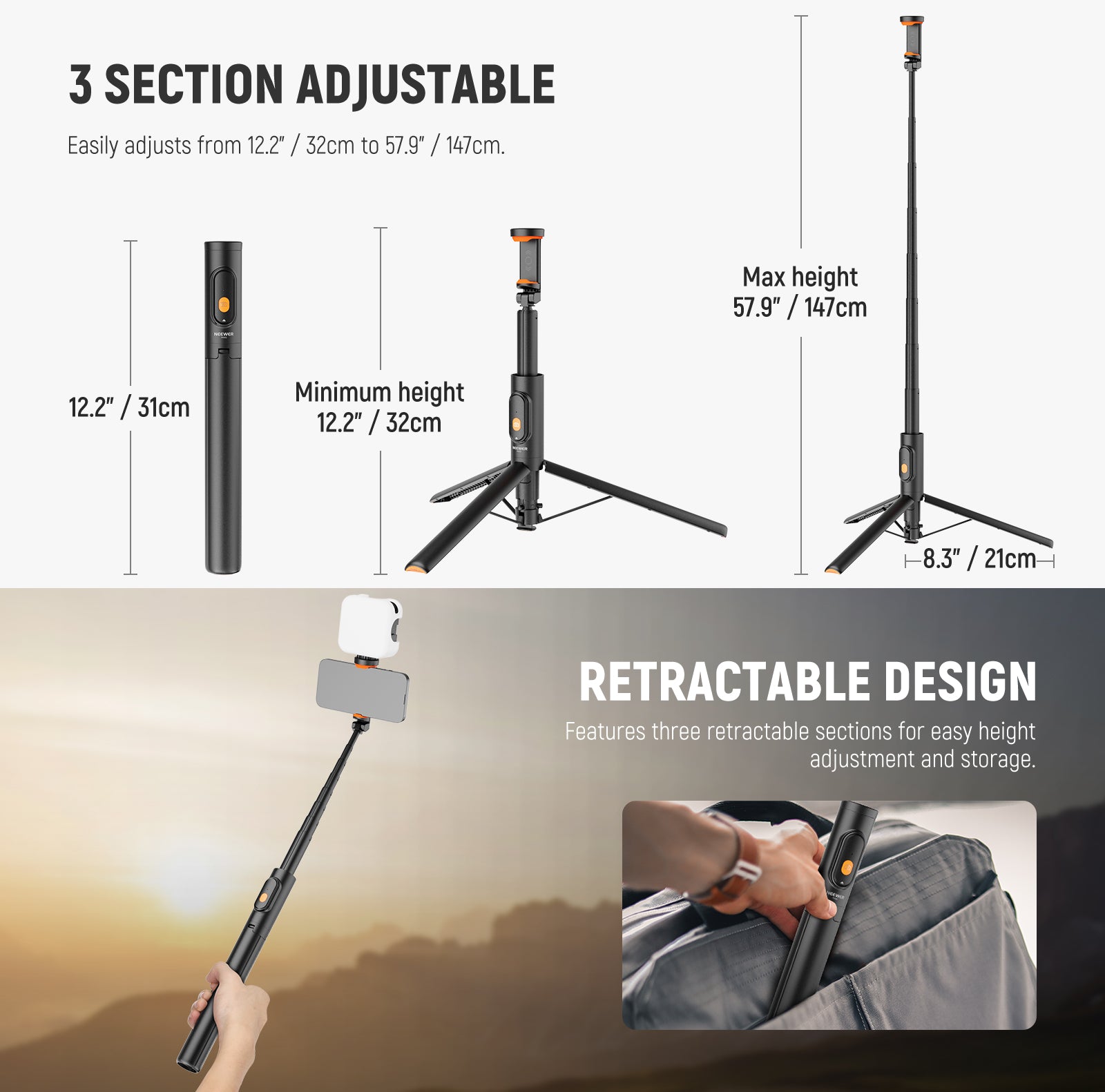 NEEWER PA992 Quick Release Selfie Stick Tripod for Phone features the retractable design.