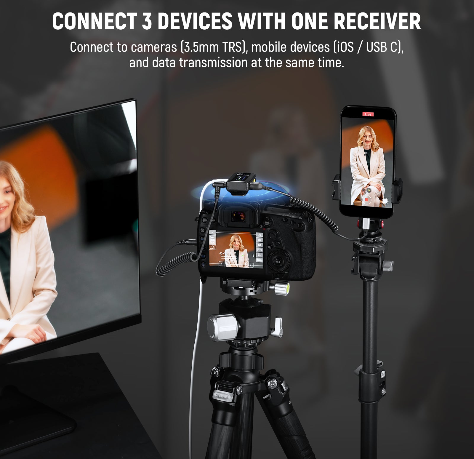 NEEWER CM28 PRO Wireless Mic System can connect 3 devices with one receiver.