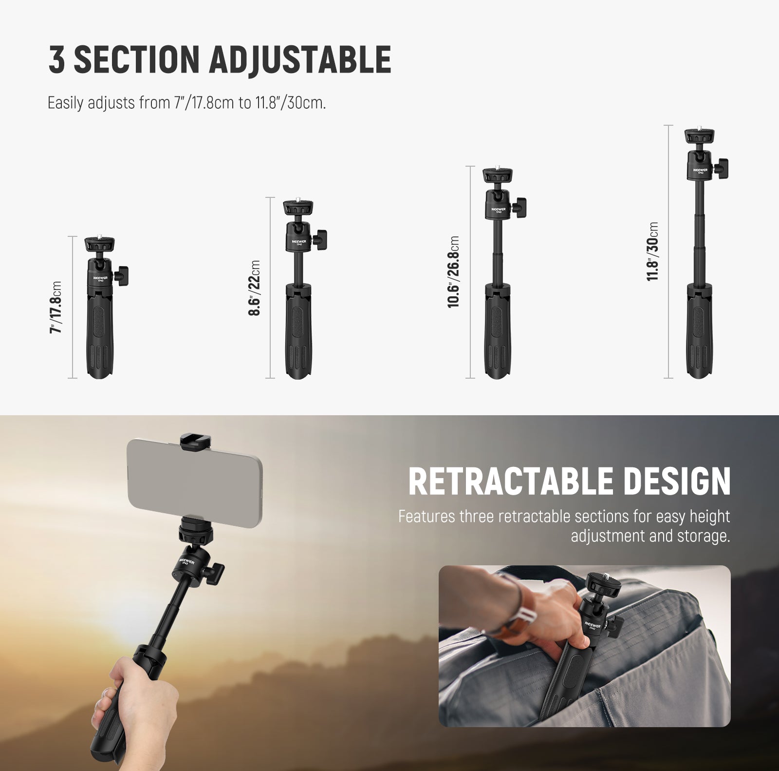 NEEWER TP43 Black Mini Desktop Tripod is easily adjusted.