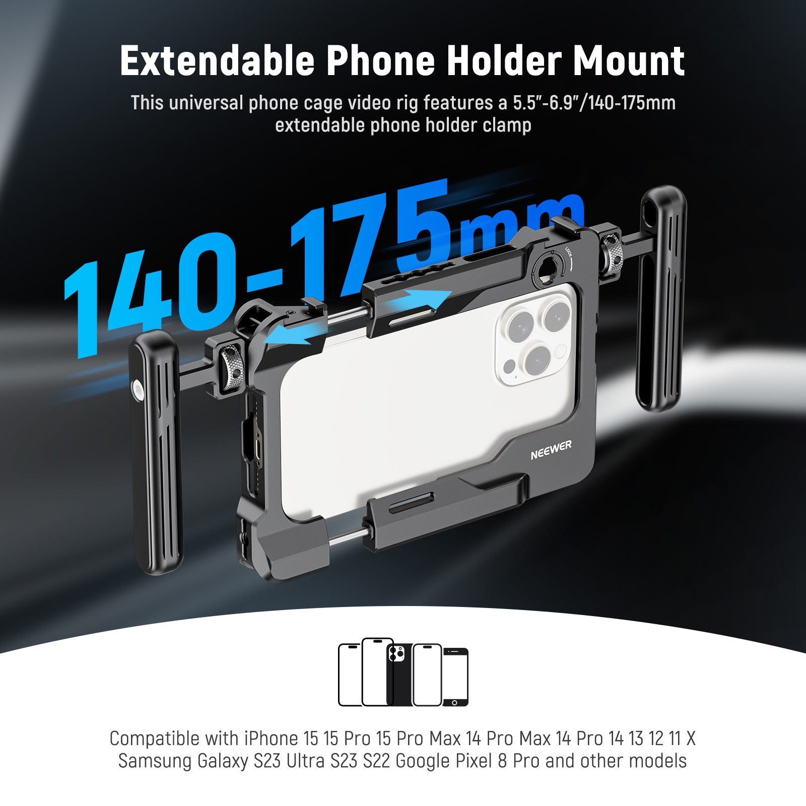 This universal phone cage stabilizer video rig features a 5.5"-6.9"/140-175mm extendable phone holder clamp
