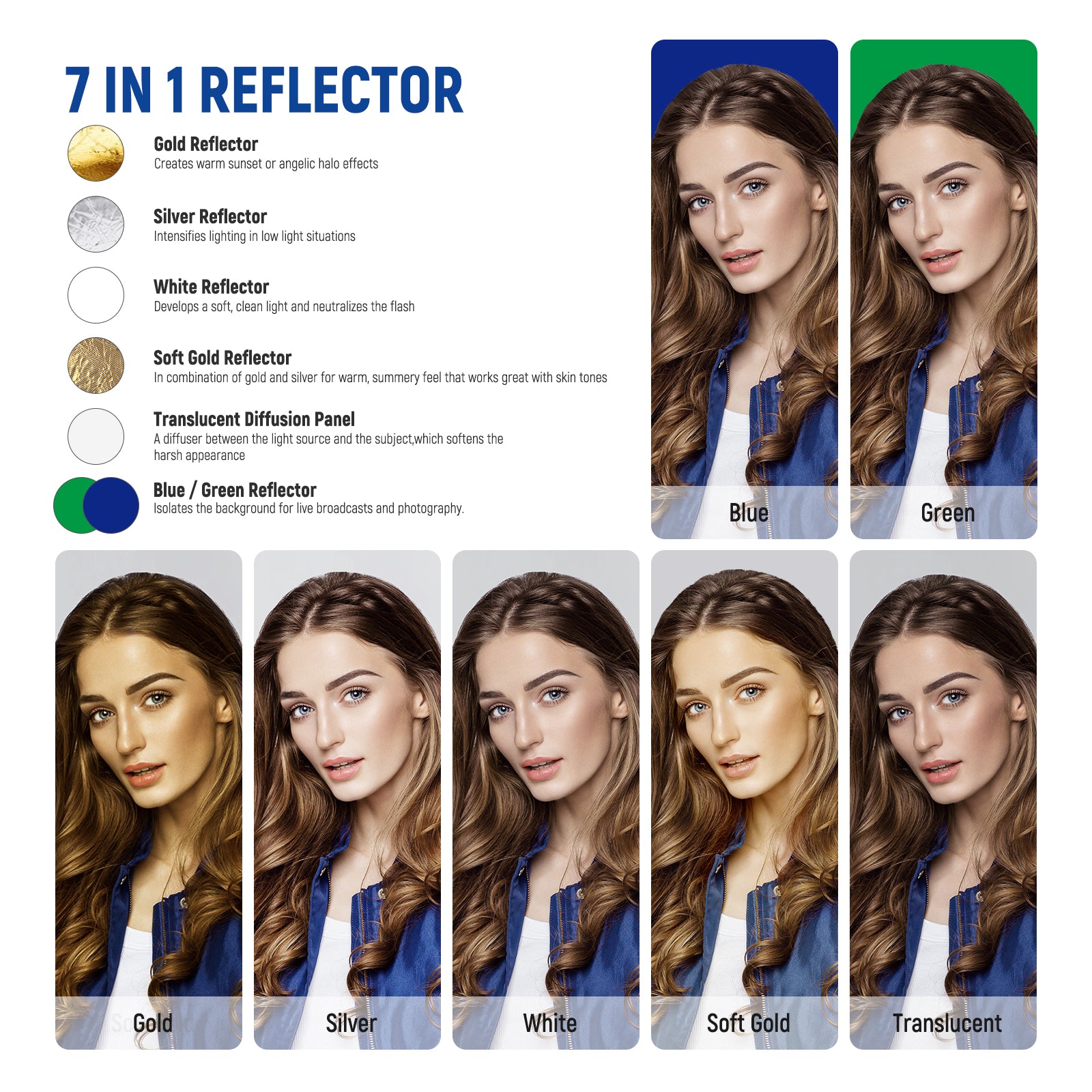NEEWER 7-In-1 Photography Reflector offers 7 light effects.