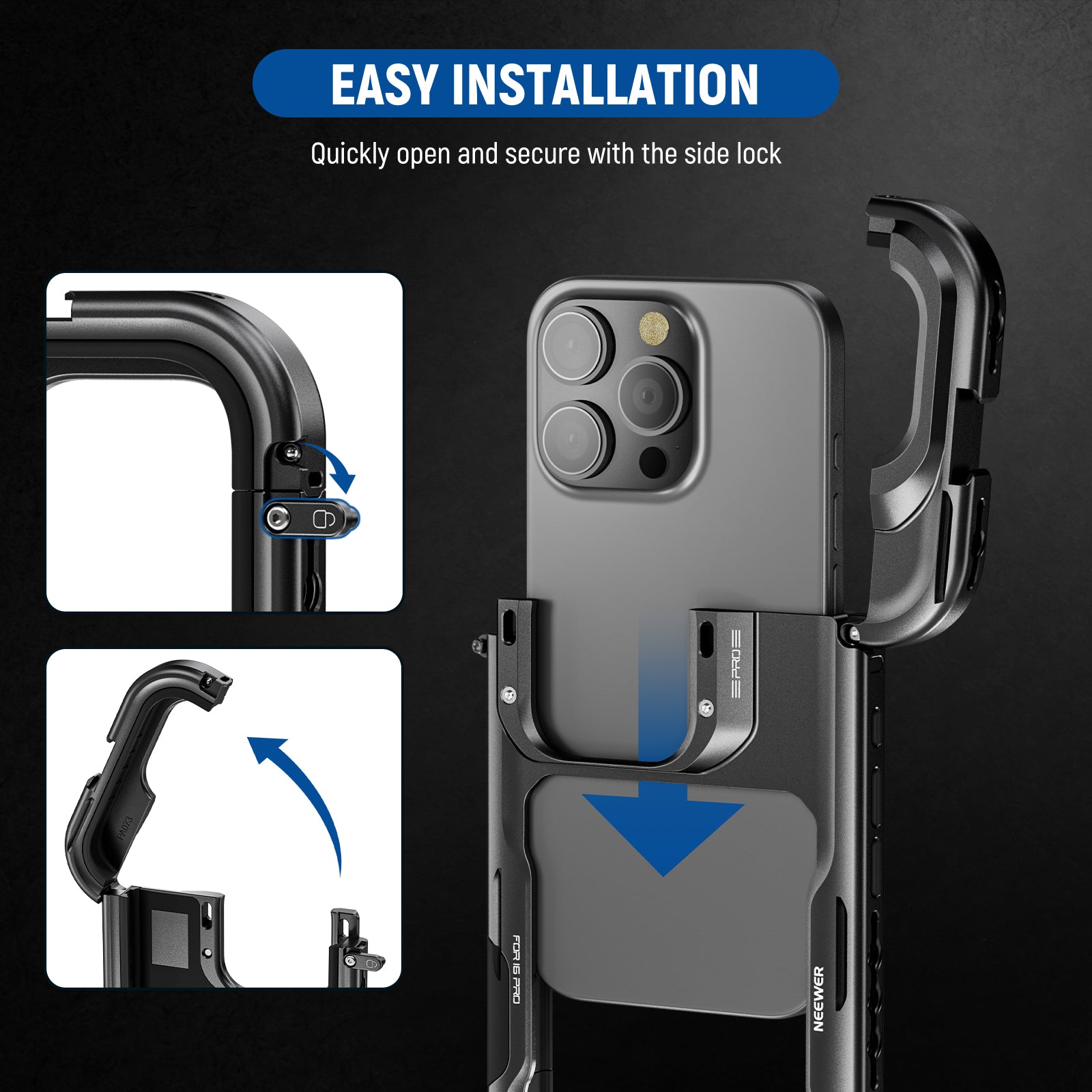 NEEWER PA073/PA074 Phone Cage for iPhone 16 Pro/Pro Max is easy to install.