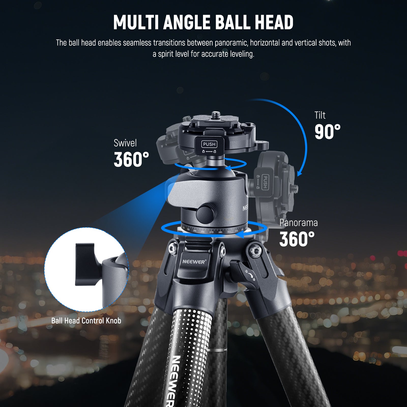 NEEWER LT34 Compact Travel Tripod Kit includes a detachable low profile metal ball head.