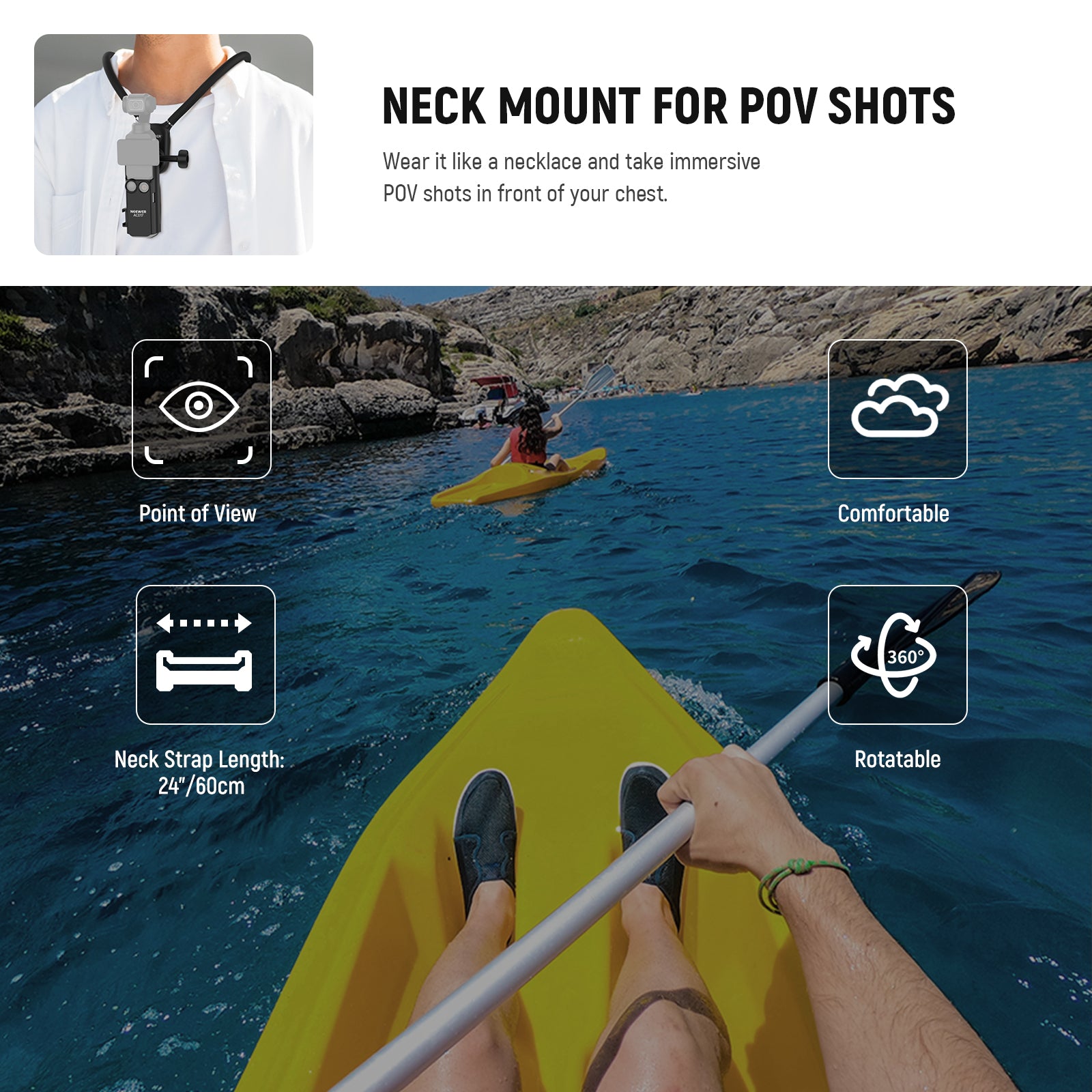 Wear this action camera neck mount holder a like a necklace for POV shots