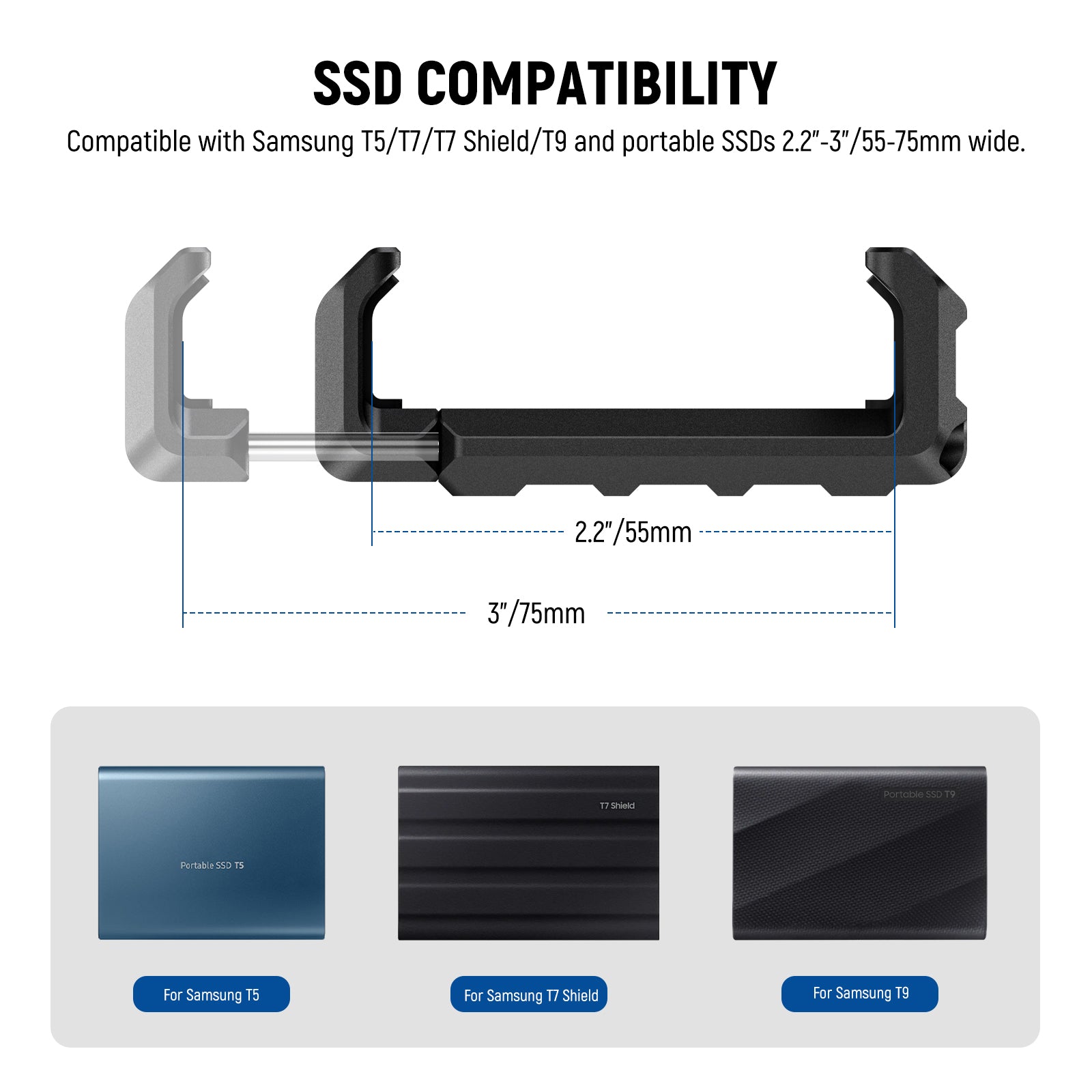 This SSD mounting bracket is compatible with Samsung T5/T7/T7 Shield/T9 portable SSD.