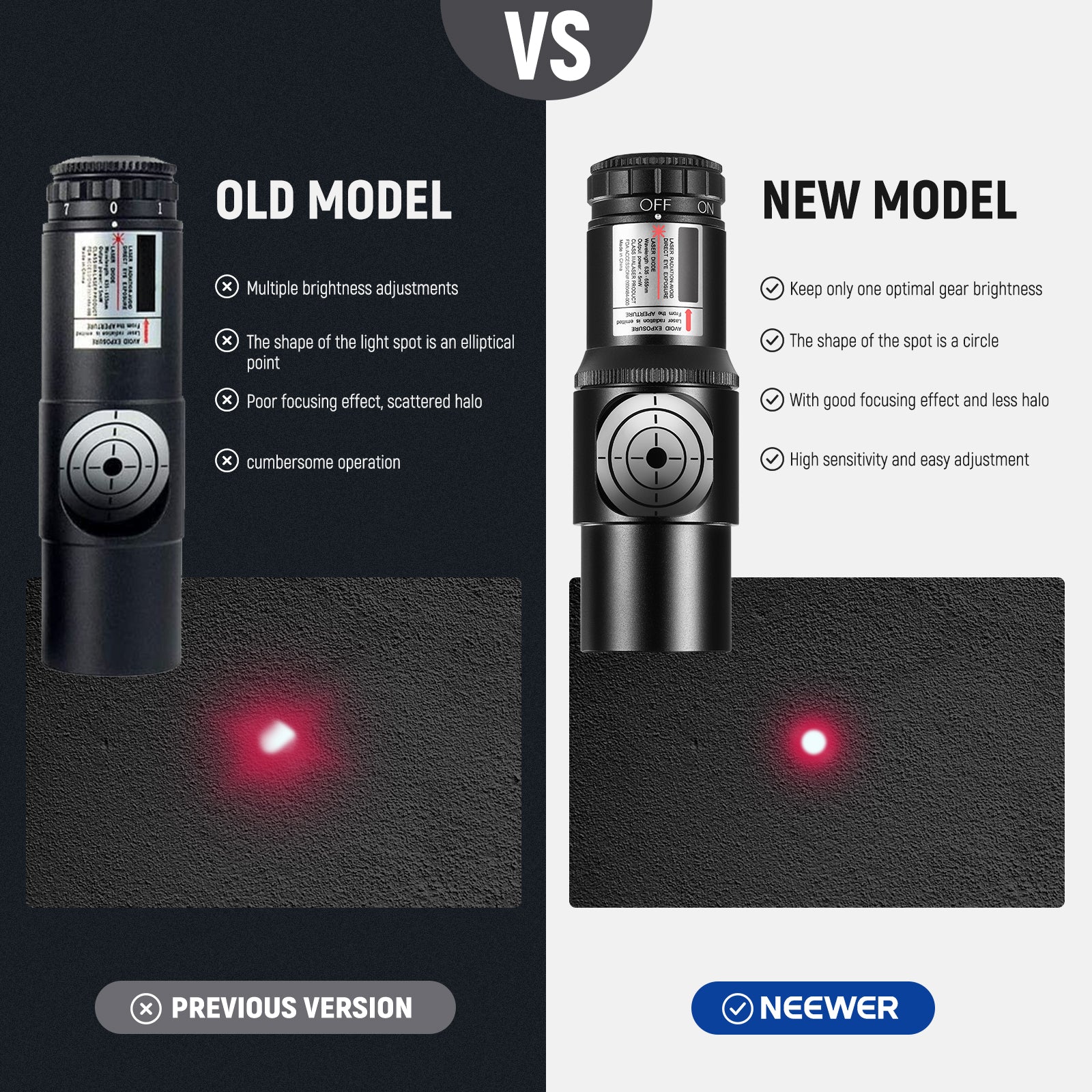 NEEWER LS-T9 Red Laser Collimator VS. Previous version