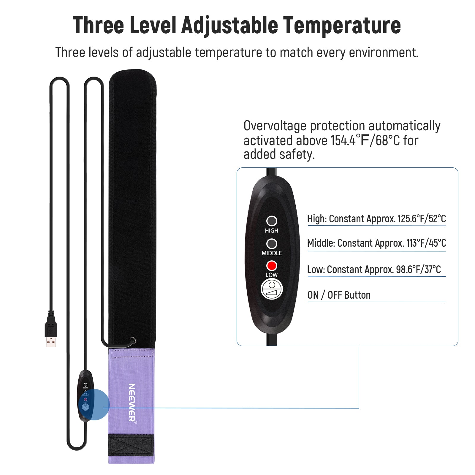 NEEWER HW-28 USB Lens Heater offers 3 levels of adjustable temperature.