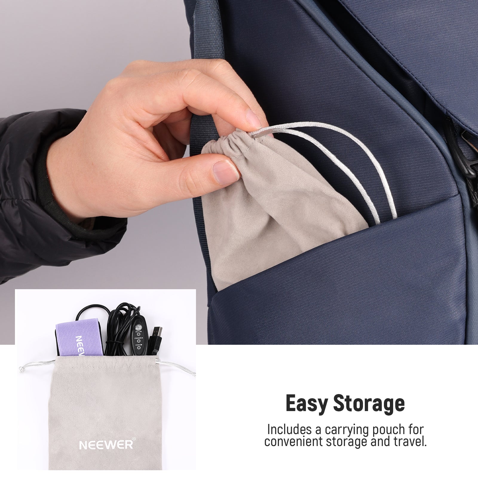 NEEWER HW-28 USB Lens Heater kit includes a carrying pouch.