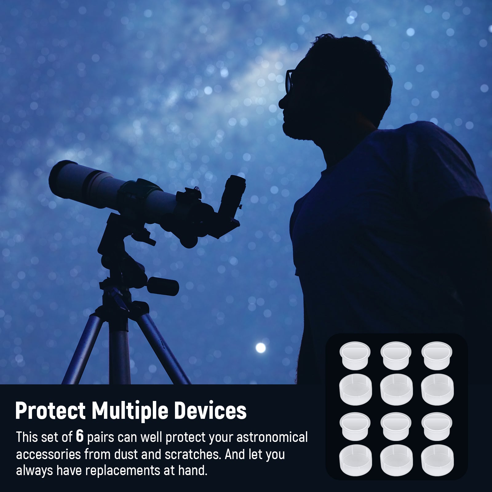 NEEWER LS-T24 6 Pair Dust Cap Set can well protect your astronomical accessories from dust and scratches.