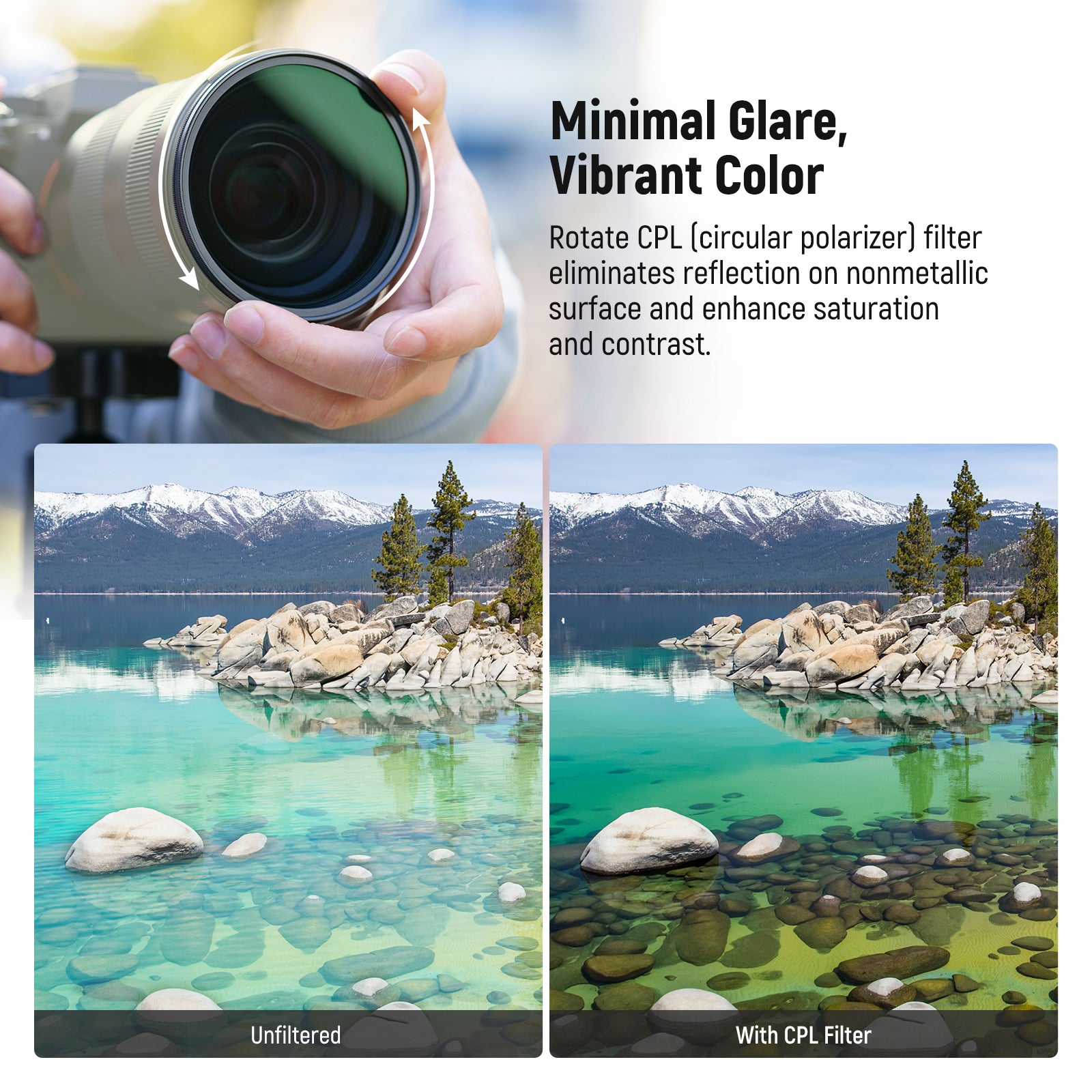 The CPL (circular polarizer) filter eliminates reflections and glare from water