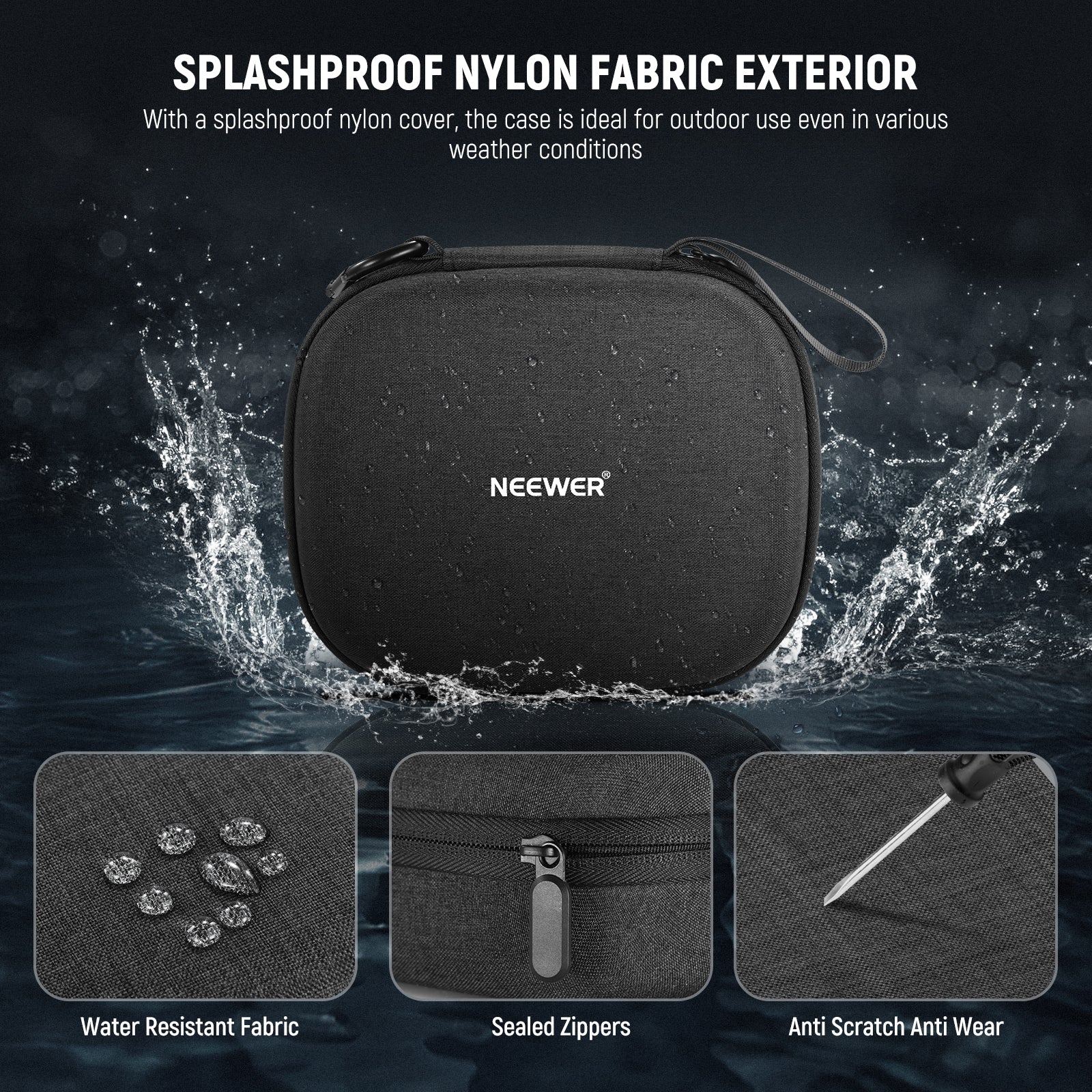 With a splashproof nylon cover, the case is ideal for outdoor use even in various weather conditions